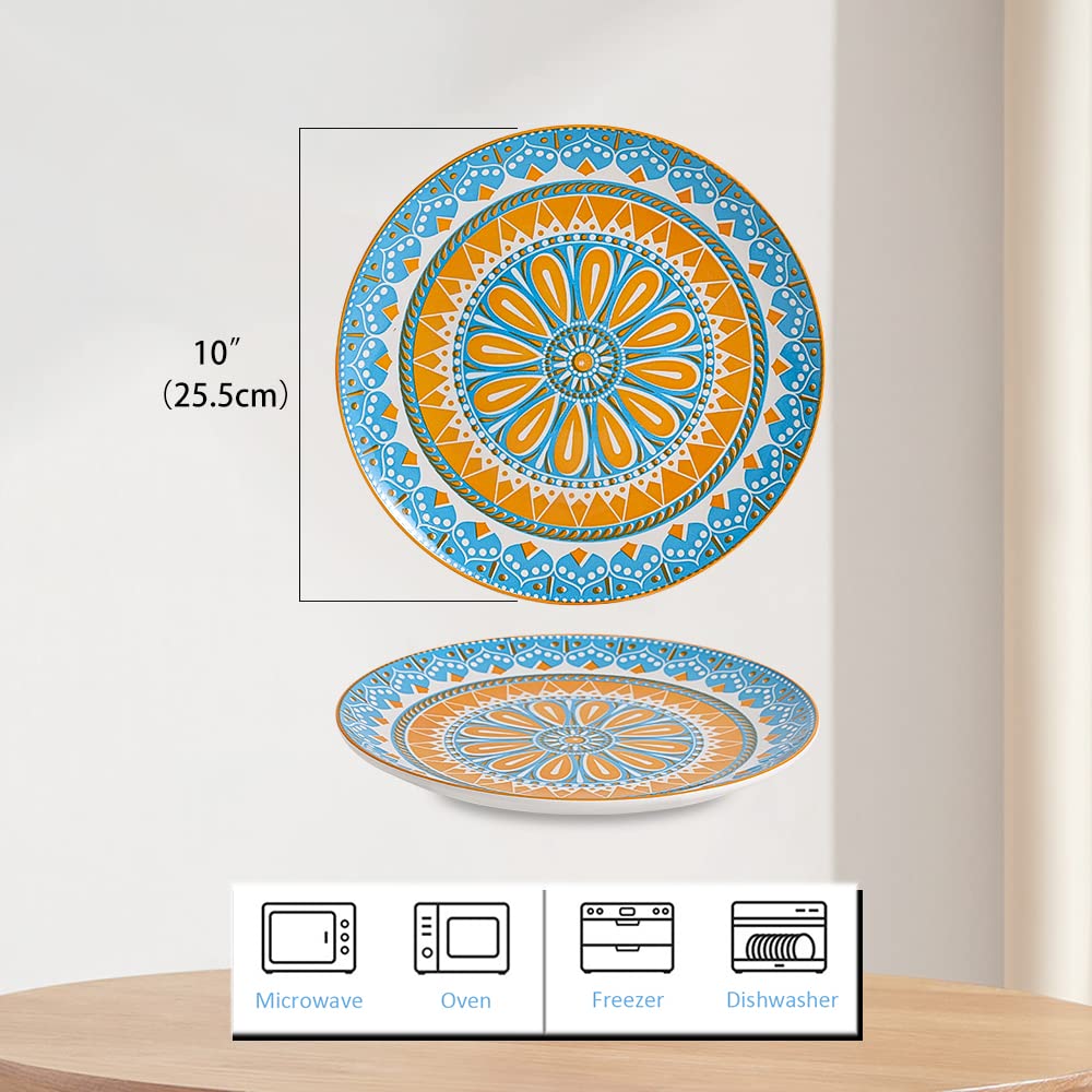 AHX 10-Inch Ceramic Dinner Plates Set of 6 | Colorful Vintage Patterns