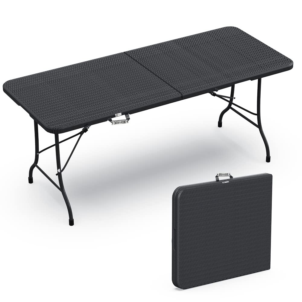 VOUNOT Folding Picnic Table – 180cm Rattan Look Portable Trestle Table