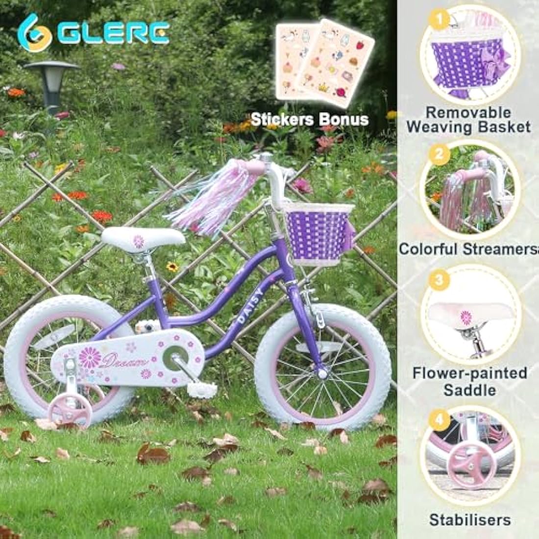 Glerc Daisy 14 Inch Girls Bike with Training Wheels and Basket