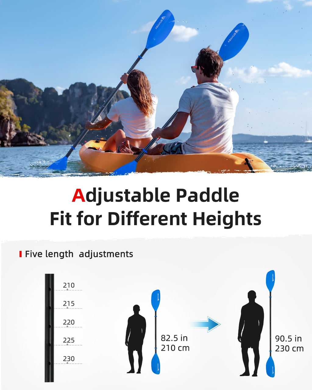 Abahub Adjustable Kayak Paddle | 210-230cm Aluminum Floating Oar - Blue