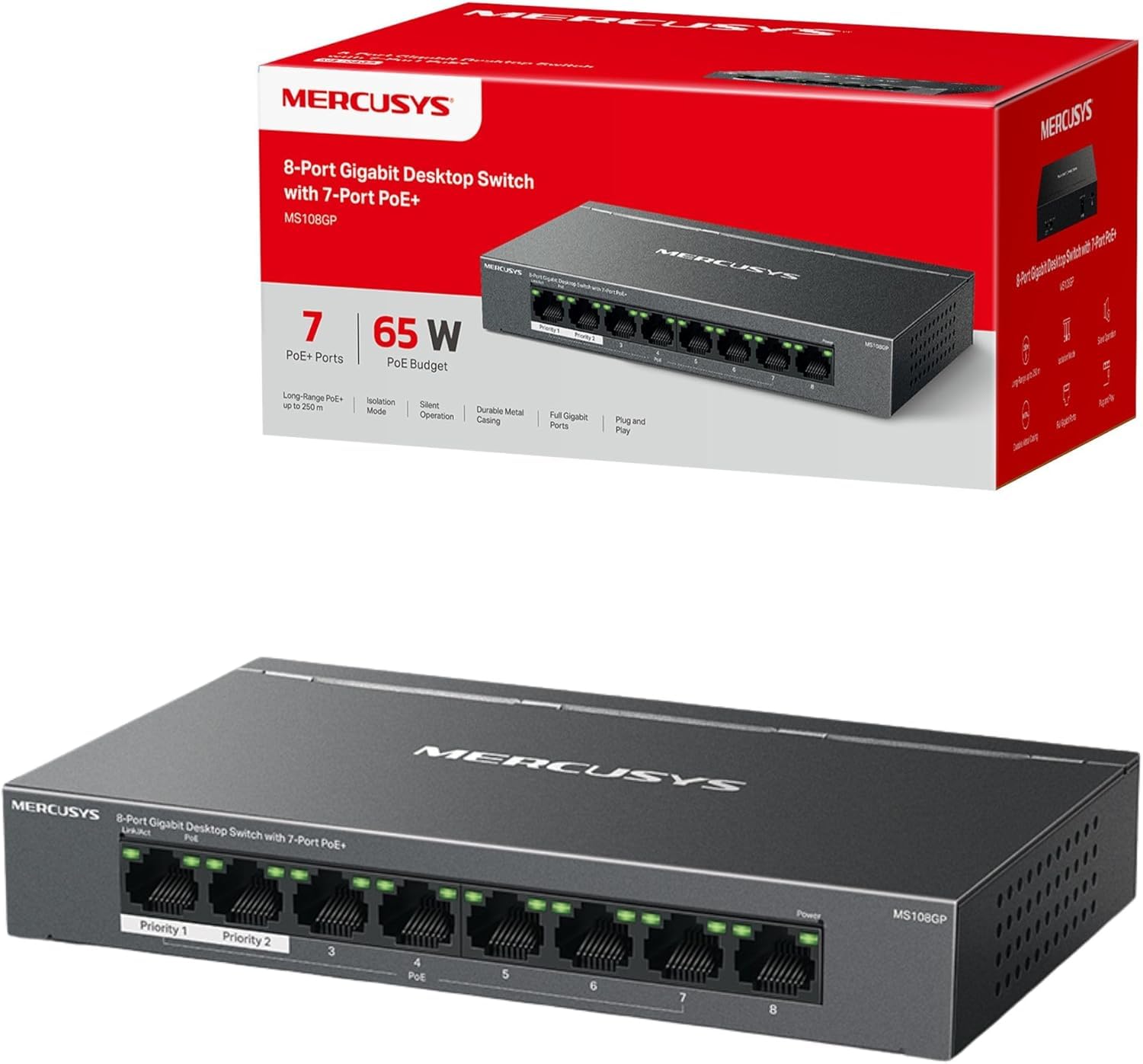 MERCUSYS MS108GP 8-Port Gigabit PoE Switch | 65W Metal Desktop Hub
