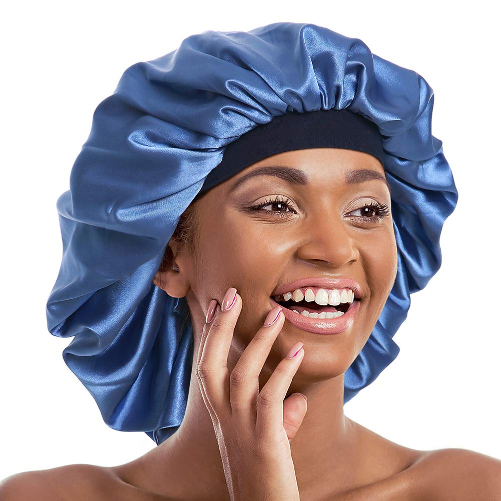Double Layer Long Satin Bonnet | Hair Wrap for Sleeping - Blue