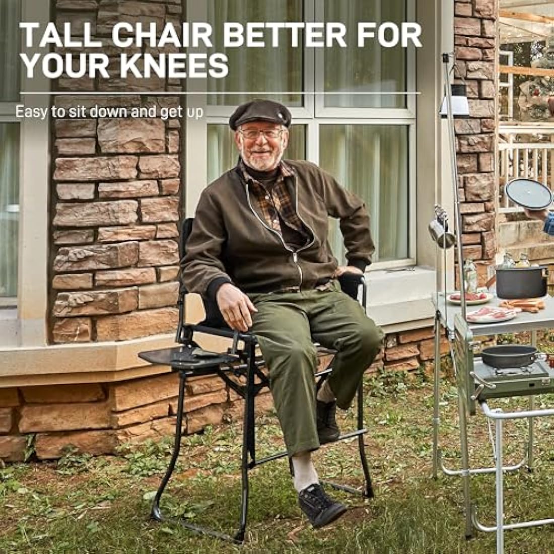 EVER ADVANCED Tall Folding Directors Chair with Side Table - 76cm Seat Height