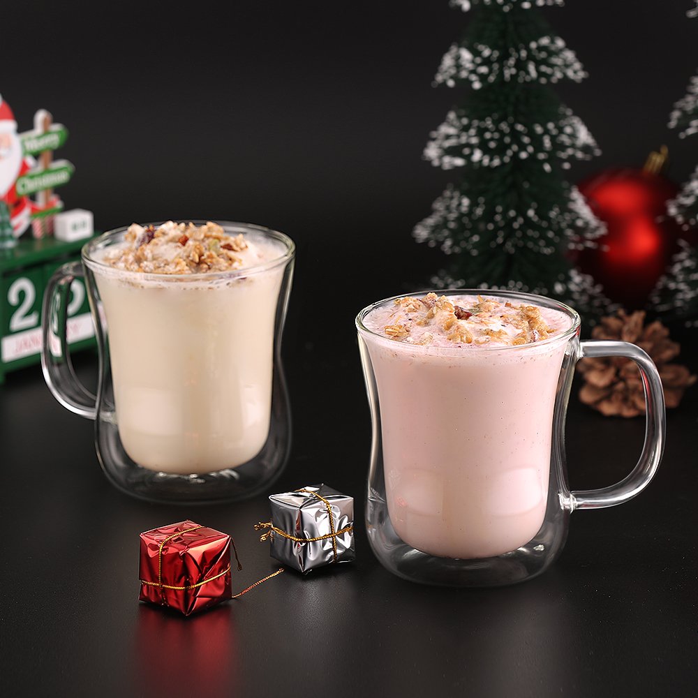 Ecooe Double Walled Coffee Glasses - 6x350ml Borosilicate Mugs with Handle