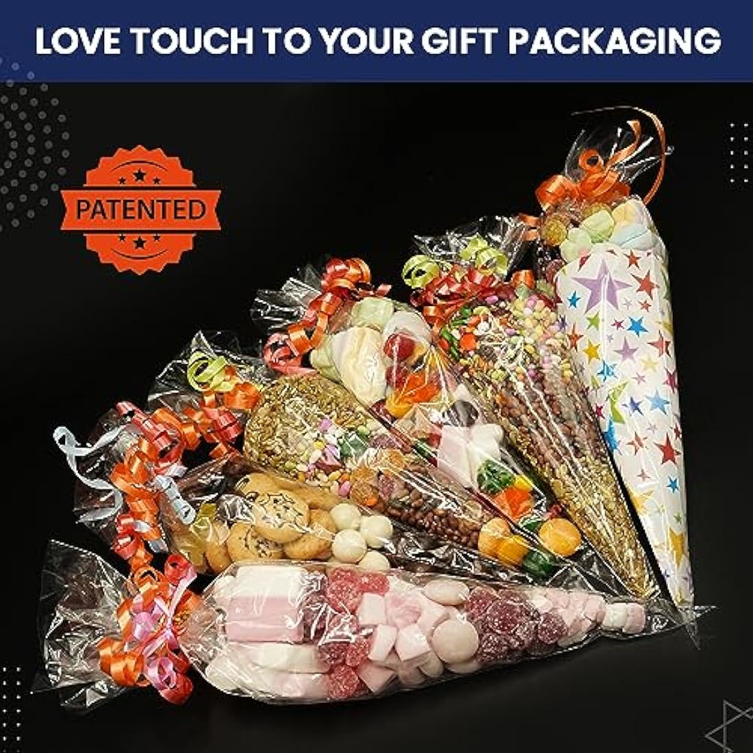 Jolof Store 100Pcs Clear Sweet Cone Bags with Ties - 14x26cm Cello Bags