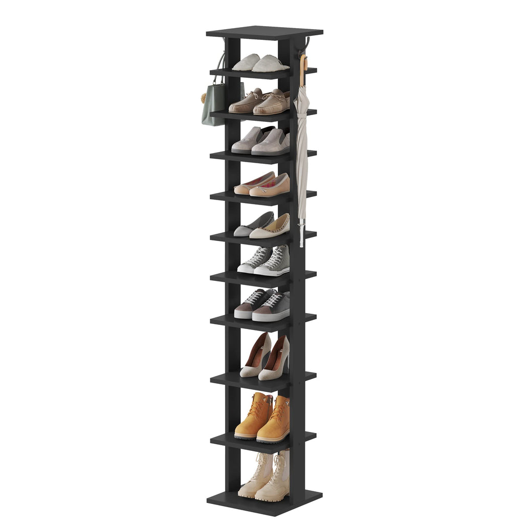 HOME BI 10-Tier Vertical Shoe Rack | Slim Wooden Corner Storage Tower
