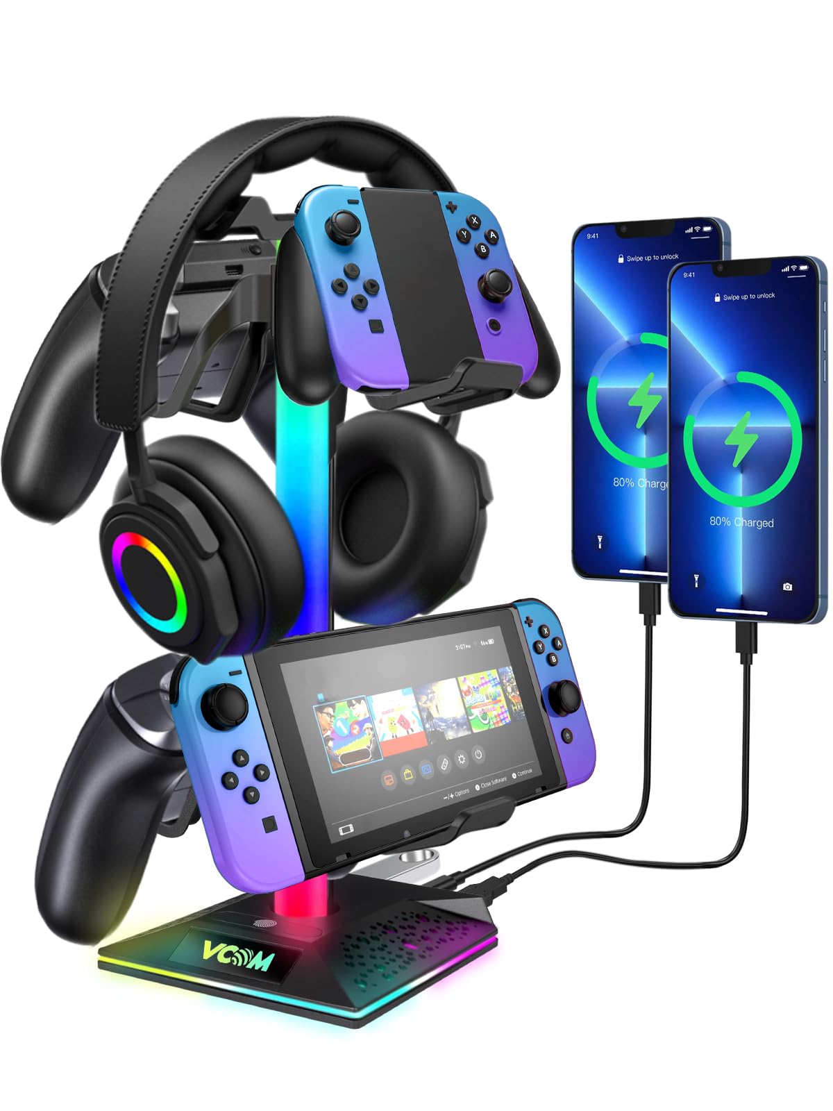 VCOM RGB Gaming Headset Stand with 2 USB & Type-C Ports – Black