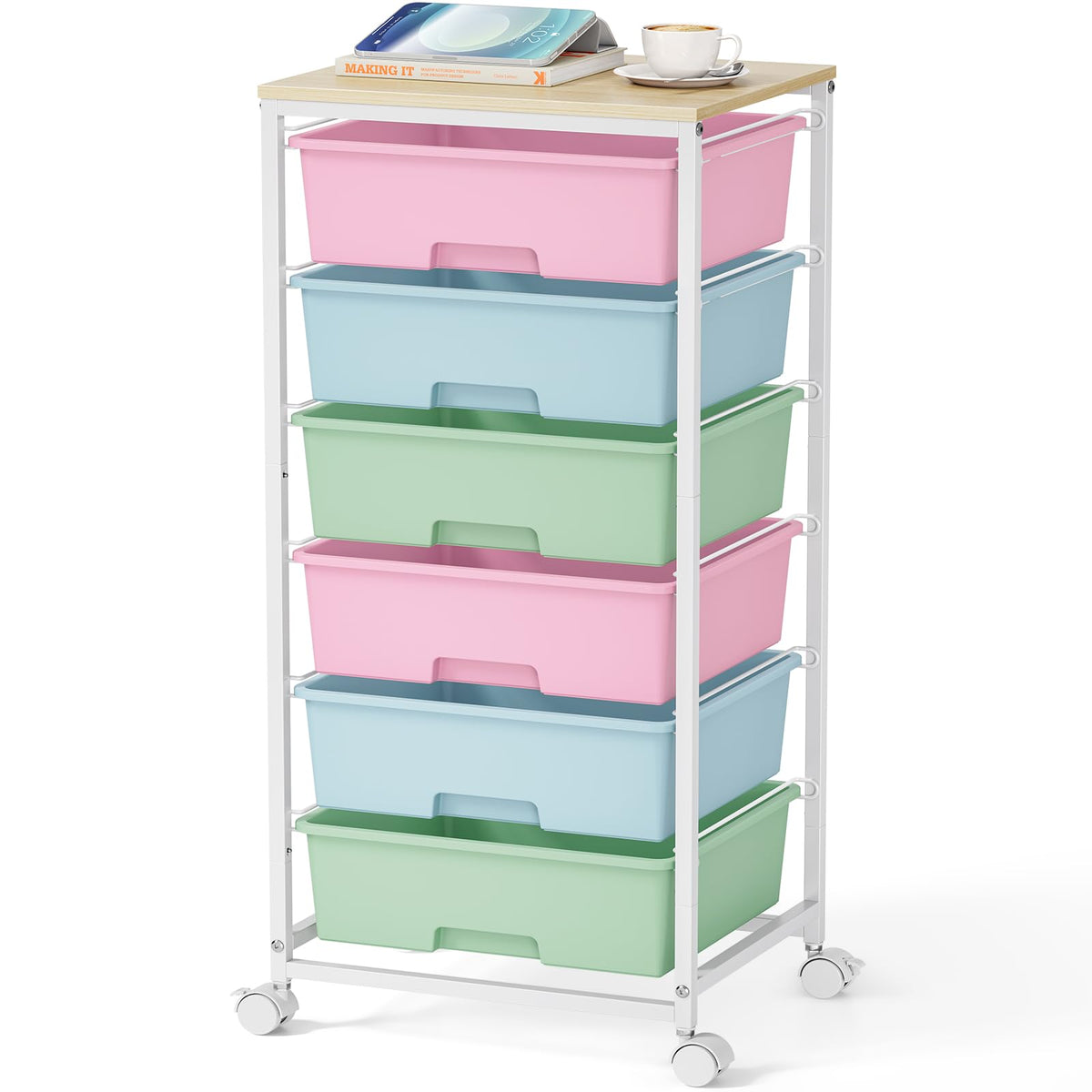 6-Drawer Craft Organizer Trolley Cart with Wooden Top - image 1