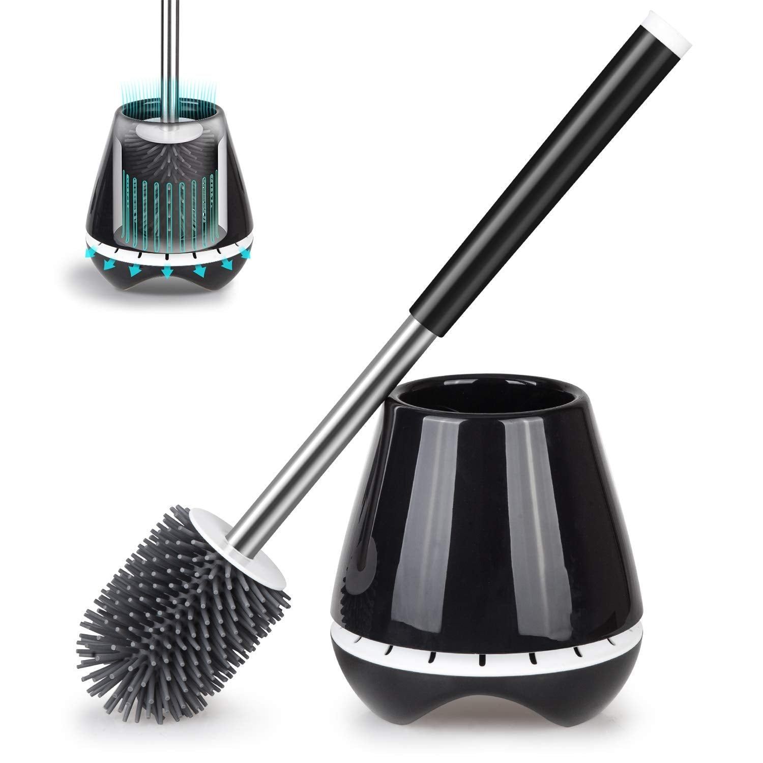 MEXERRIS Silicone Toilet Brush and Holder | TPR Scrubber with Tweezers