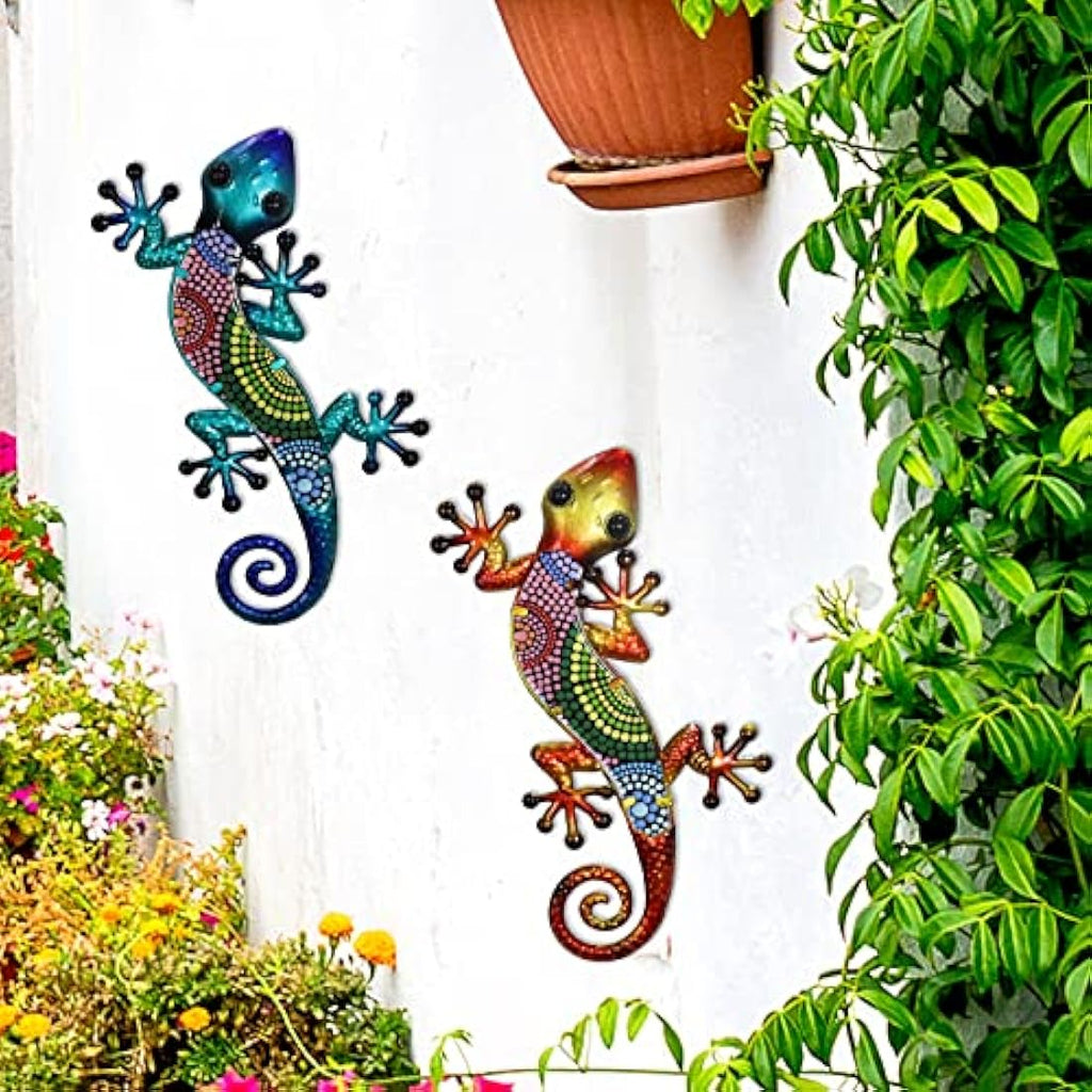 Jolof Store Metal Gecko Wall Art – 15 Inch Glass Lizard Decor, Set of 2
