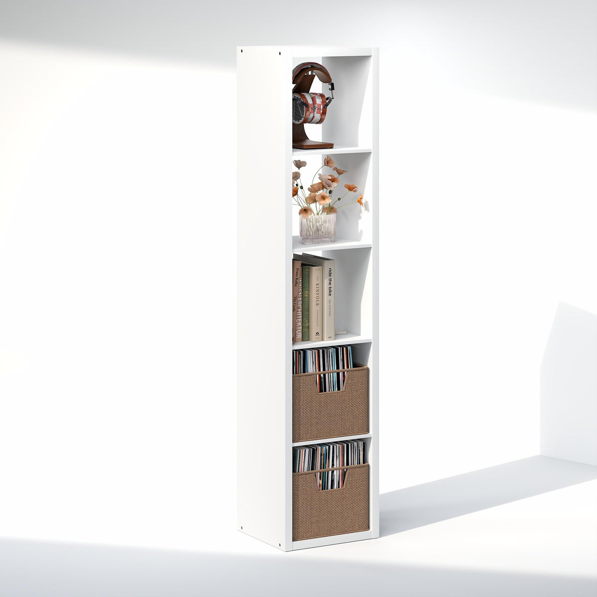Furinno CUBICLE Record Player Stand with Vinyl Storage, 5-Cube 1.2 Extra Thick Vinyl Record Storage