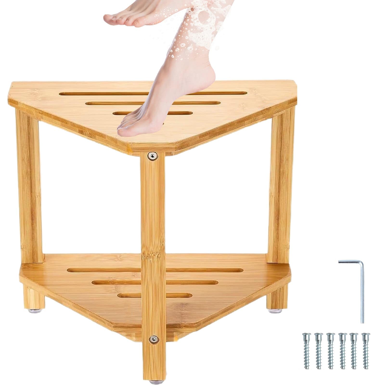 Acacia Wood Corner Shower Stool – Waterproof Foot Rest Bench