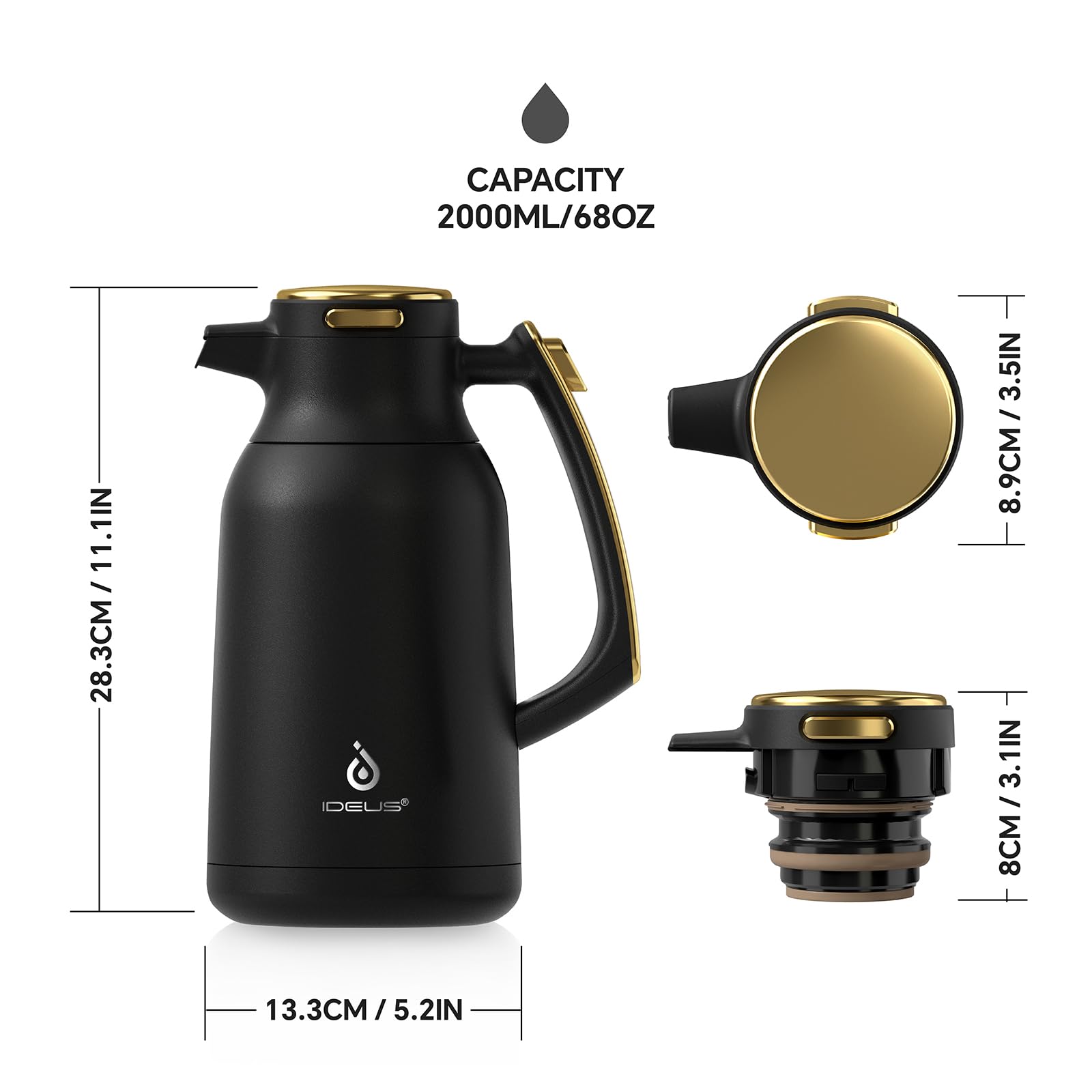 IDEUS 68oz Vacuum Insulated Coffee Carafe | Stainless Steel Thermal Pot