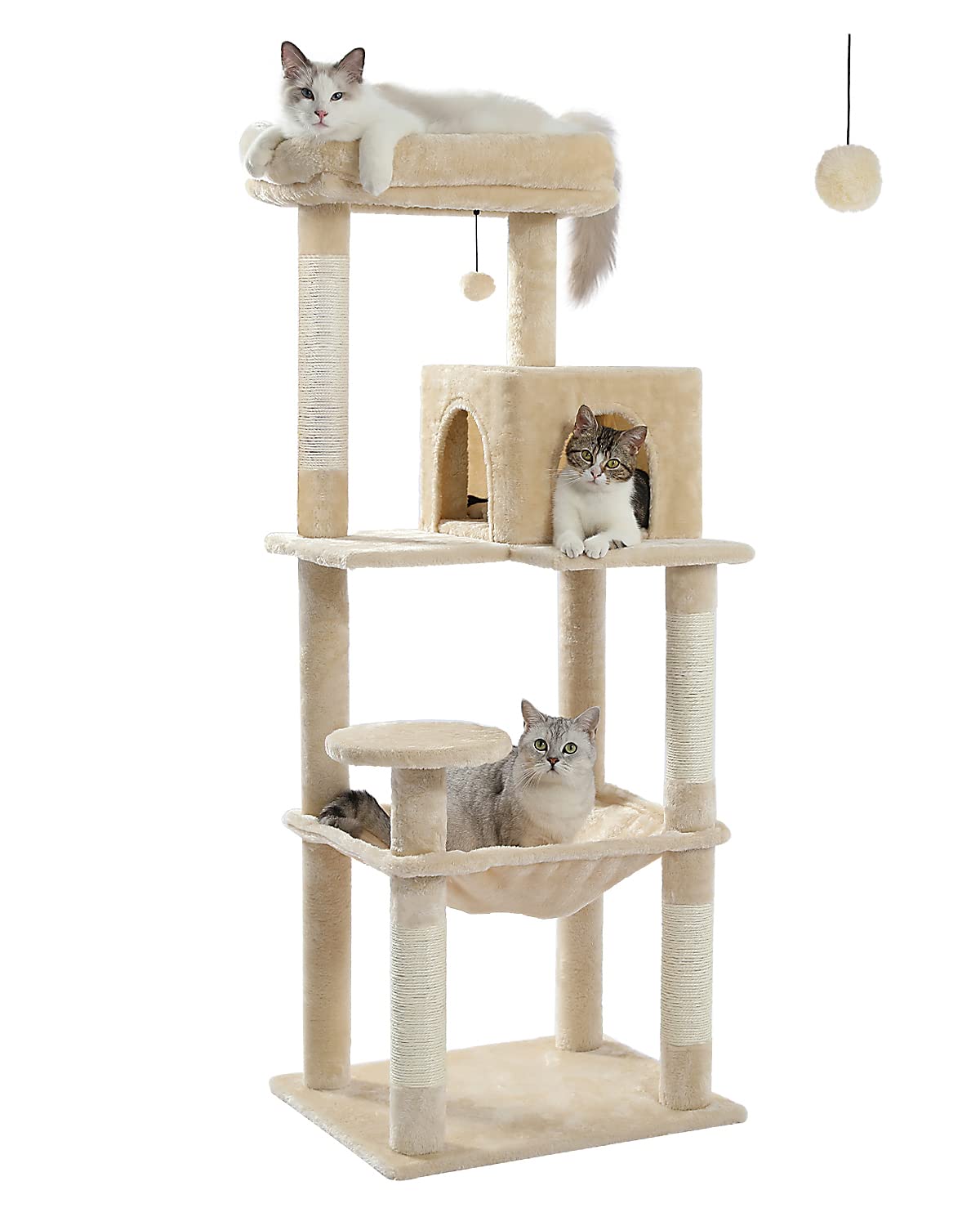 PAWZ Road 56.3" Large Cat Tree Tower with Hammock and Condo – Beige