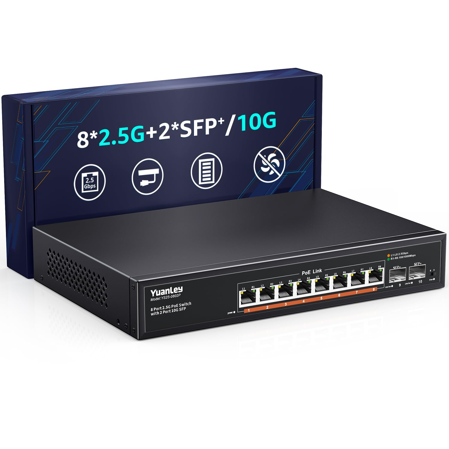 YuanLey 10 Port 2.5G PoE Switch | 8 x 2.5G Base-T & 2 x 10G SFP | 120W