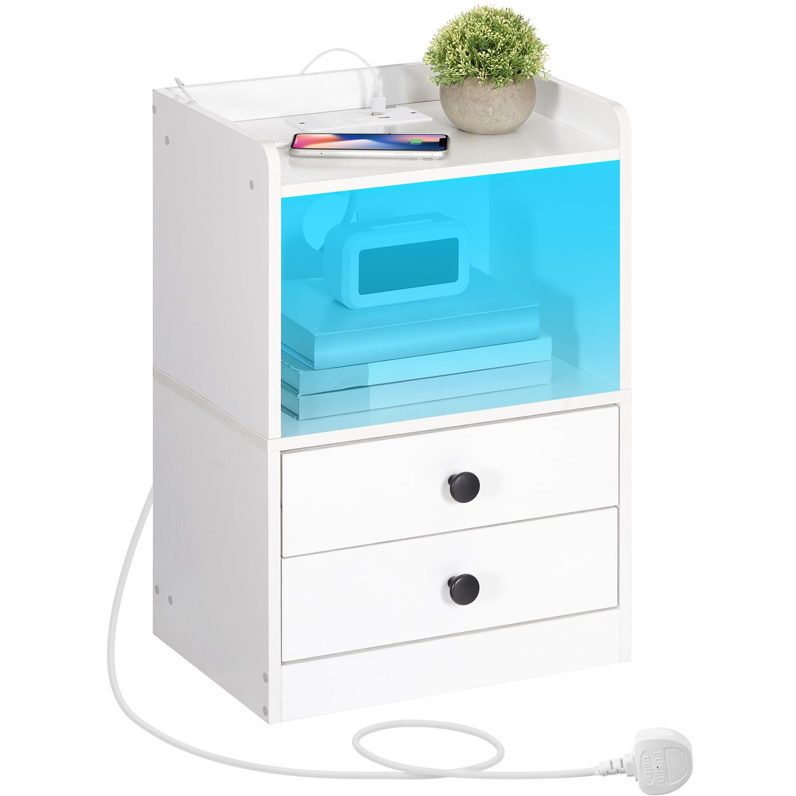 HOOBRO White Nightstand with Charging Station and LED Lights | 2 Drawers
