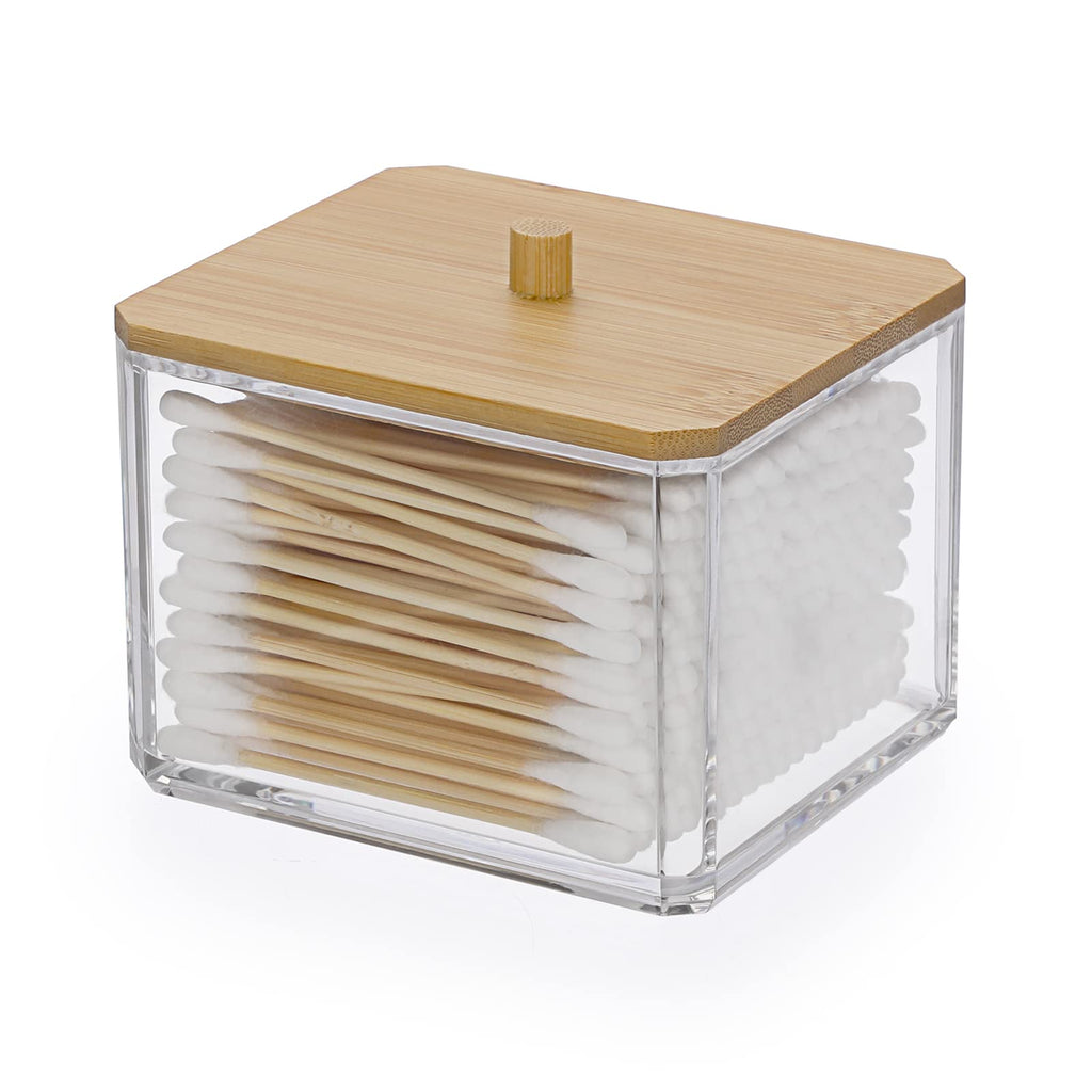 SUMTree Square Qtip Cotton Ball Holder Qtip Dispenser with Bamboo Lid - image 1