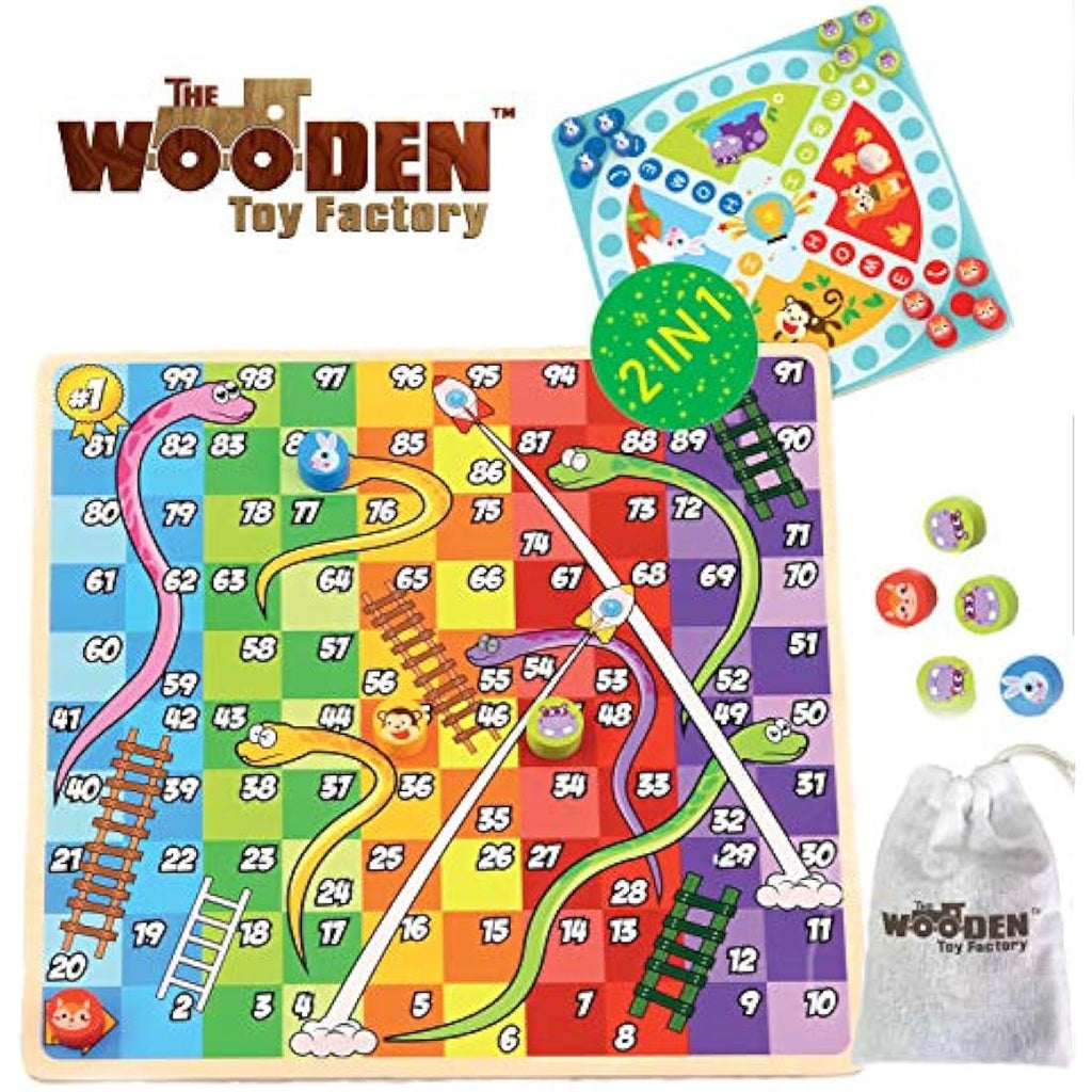 The Wooden Toy Factory 2-in-1 Snakes & Ladders Wooden Board Game