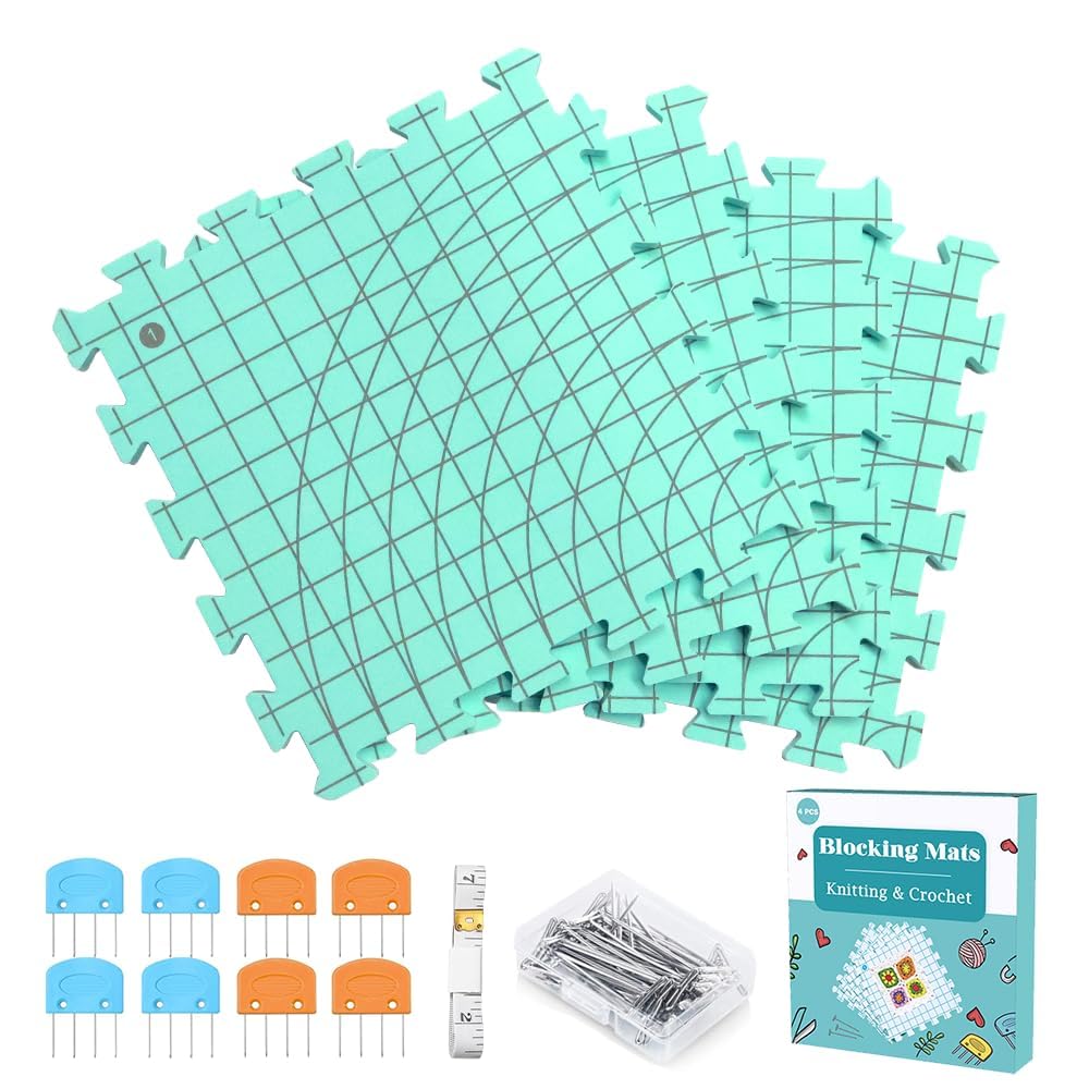 Knitiss 4 PCS Crochet Blocking Mats Set – 1.5cm Thick EVA Foam with Pins