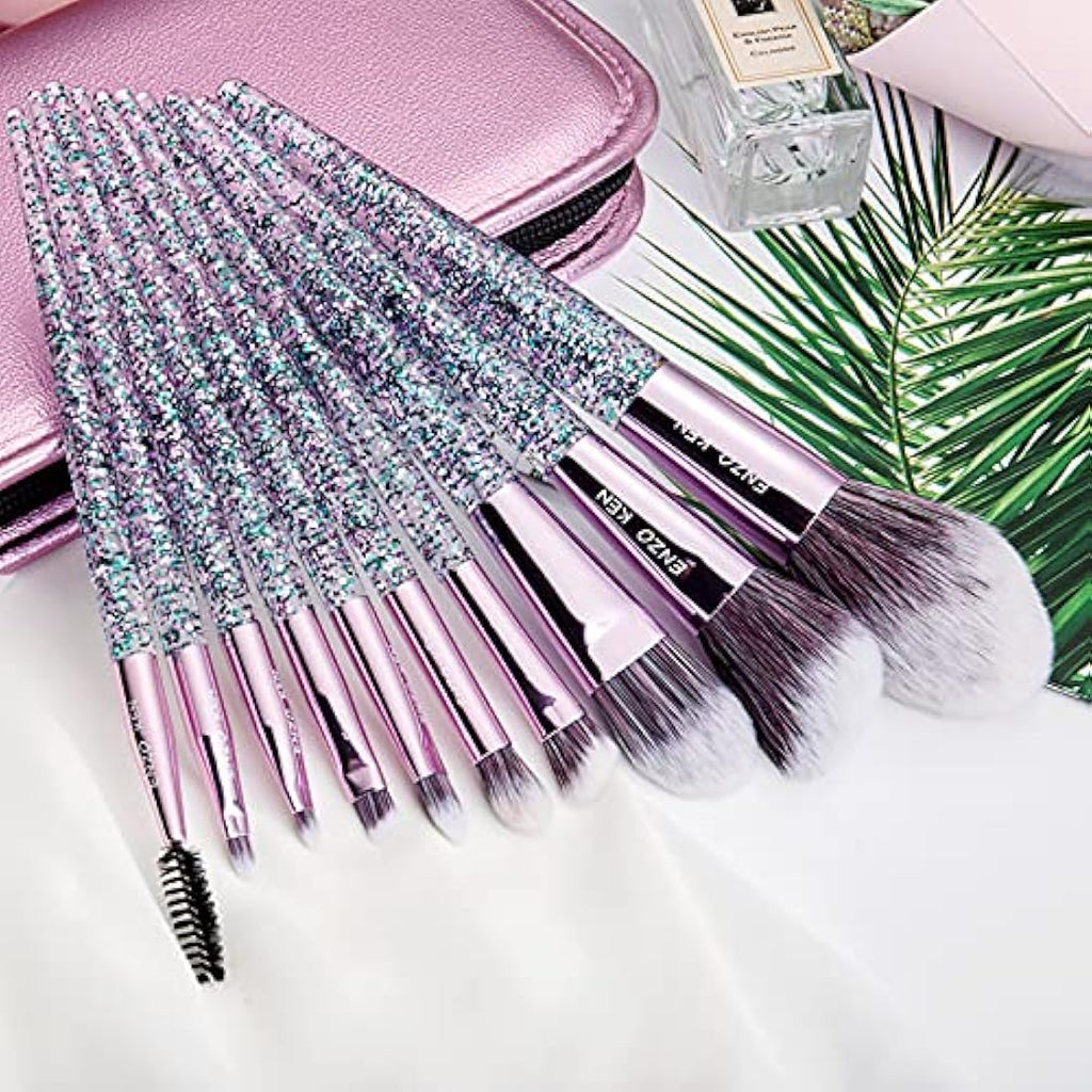 ENZO KEN Professional Vegan Makeup Brushes Set with Case – Purple Glitter