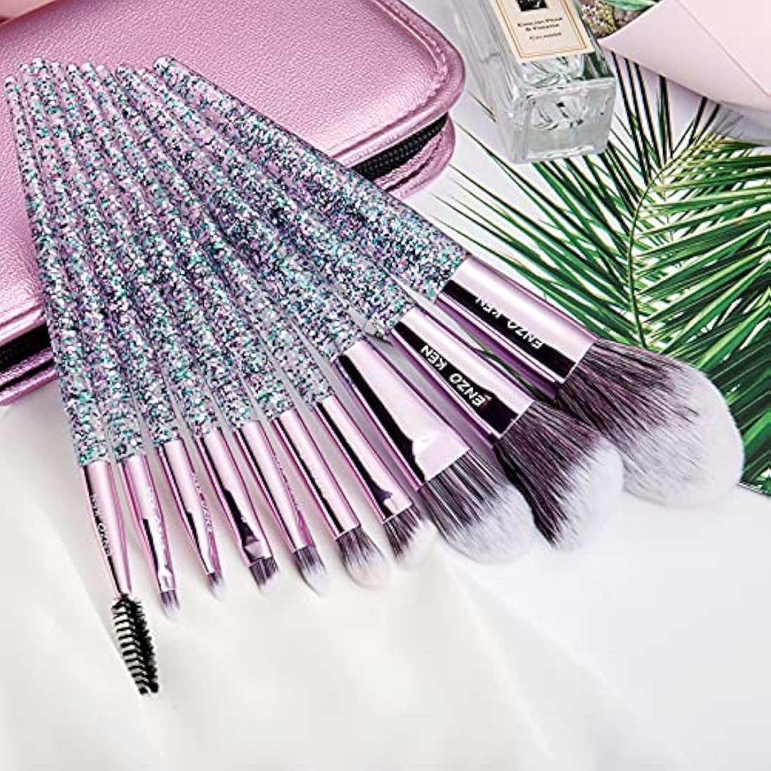 ENZO KEN Professional Vegan Makeup Brushes Set with Case – Purple Glitter