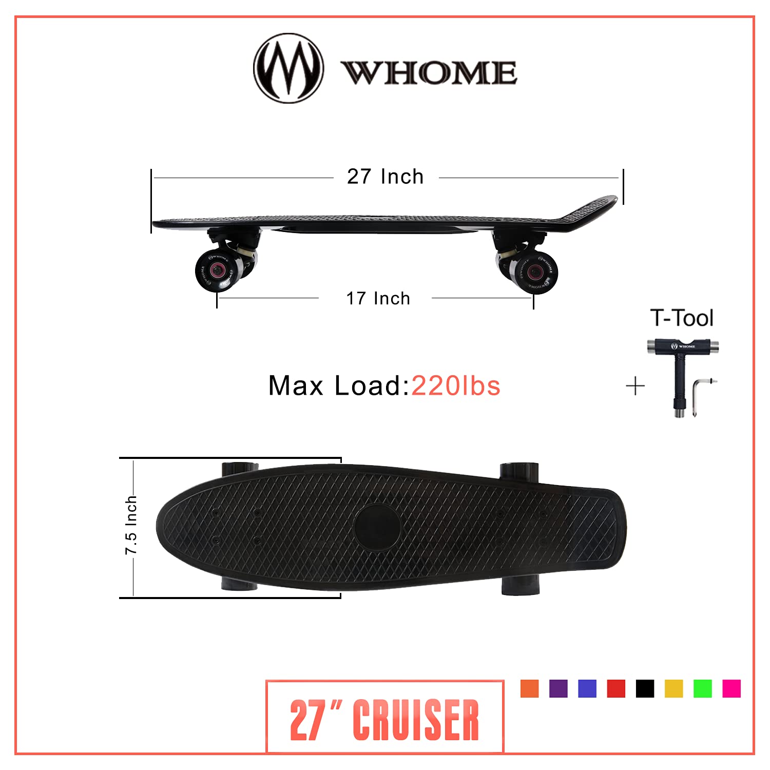 WHOME 27'' Cruiser Skateboard Complete – Retro Plastic Deck for All Ages
