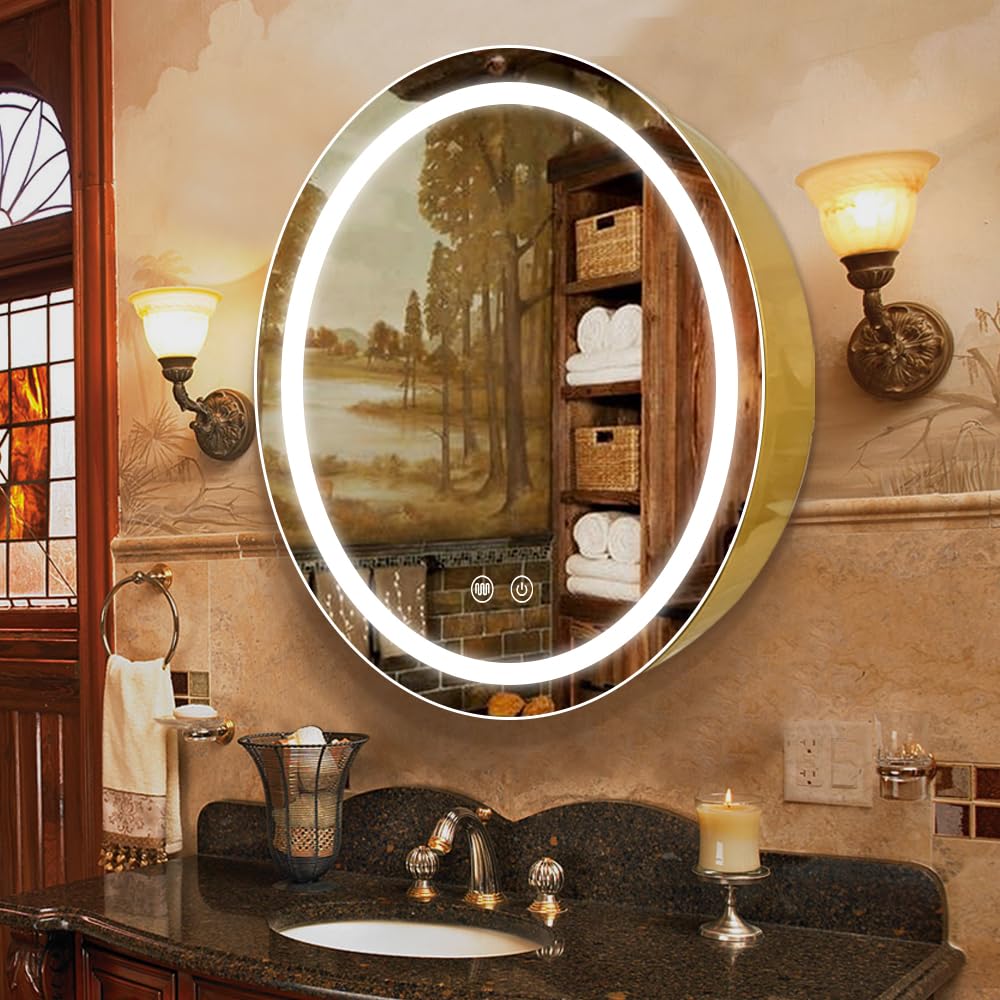 Janboe 76cm Round LED Medicine Cabinet | Dimmable Anti-Fog Mirror - Gold