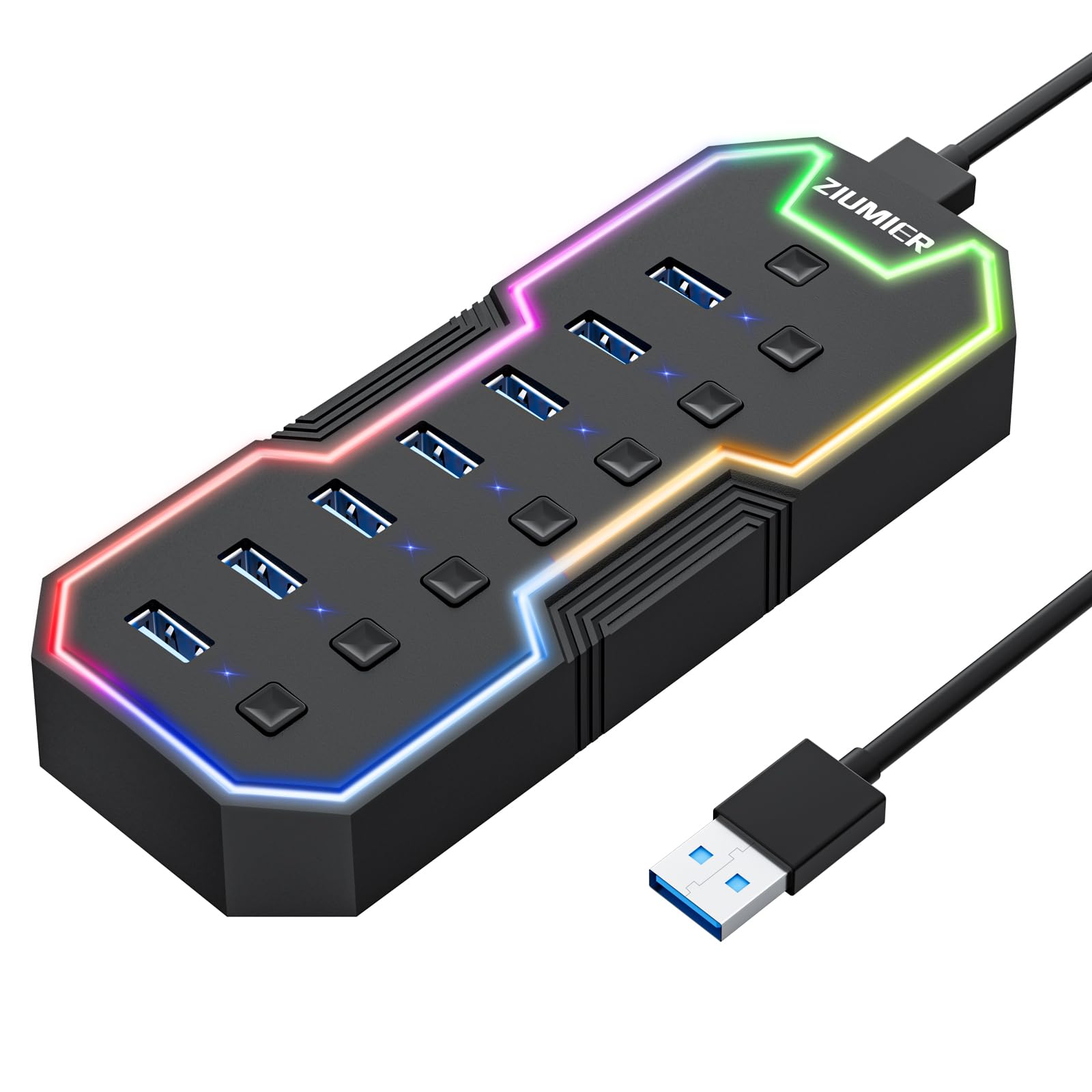 ZIUMIER 7-Port USB 3.0 Hub with RGB LED Strip for MacBook and PC