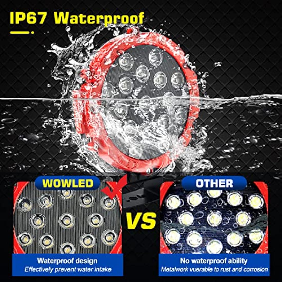 WOWLED 7" Round LED Work Lights – 51W Red Spot Driving Lamps (2 Pcs)