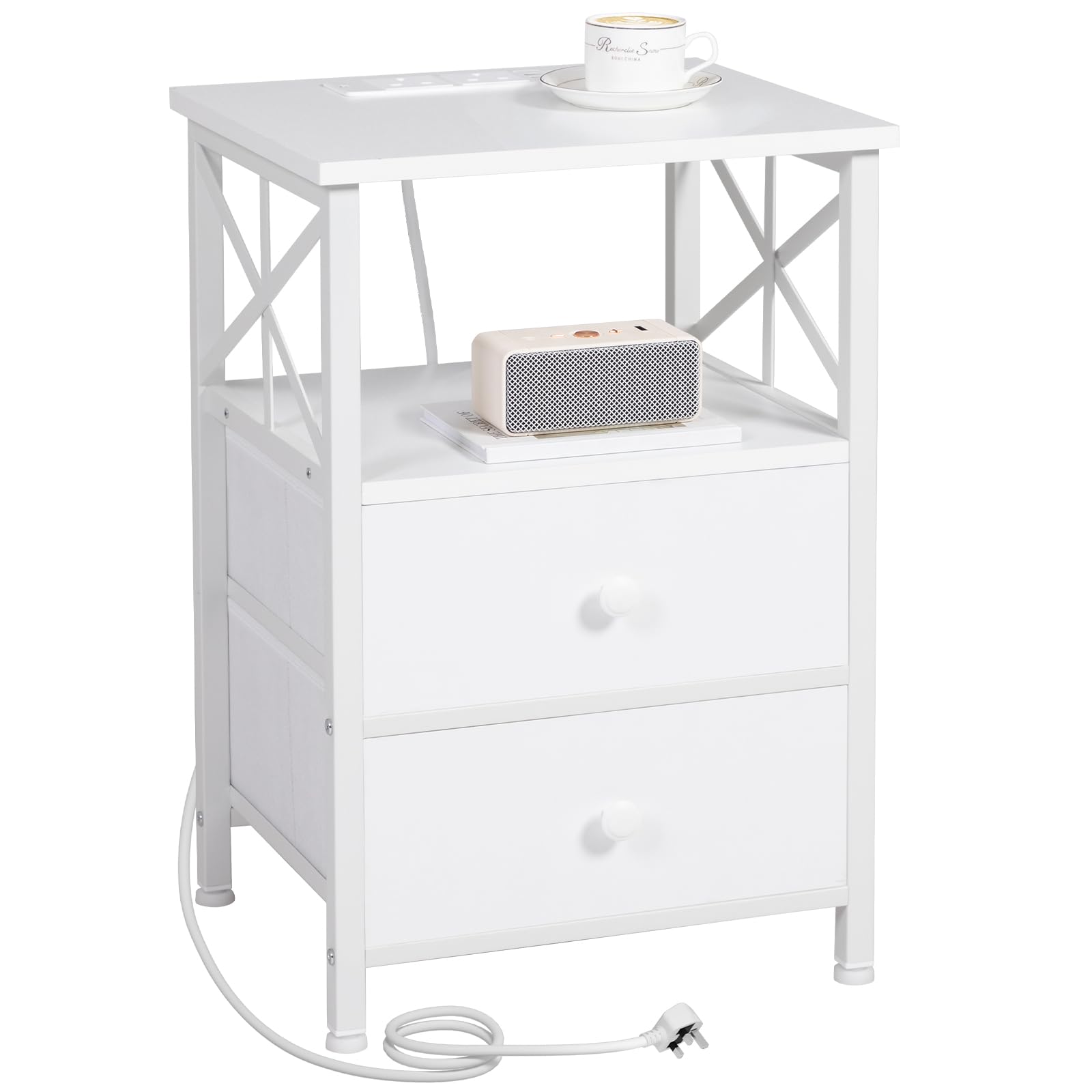 AMHANCIBLE Bedside Table with Charging Station and 2 Fabric Drawers