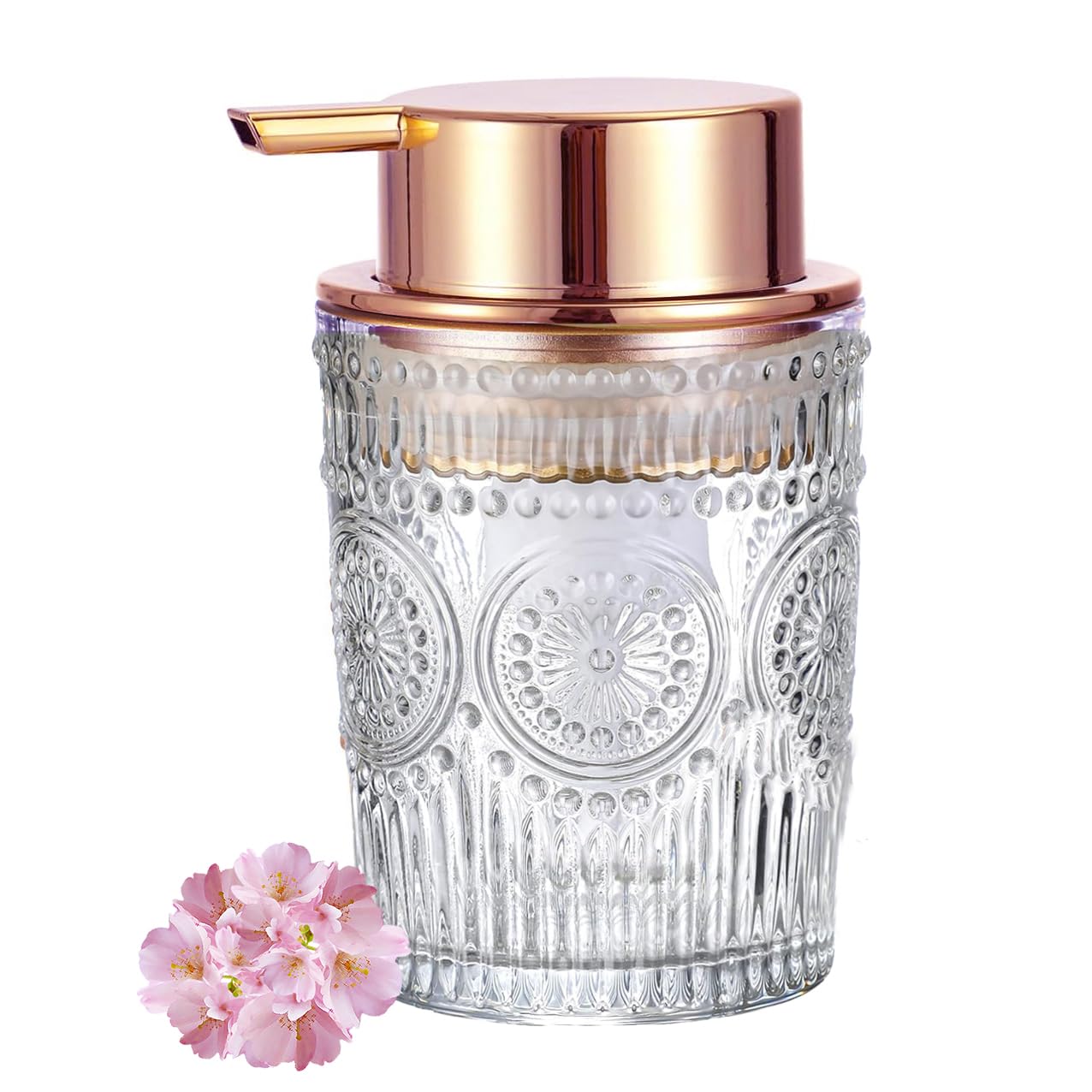 MIFULY Glass Soap Dispenser with Rose Gold Pump – Sunflower Design 11oz
