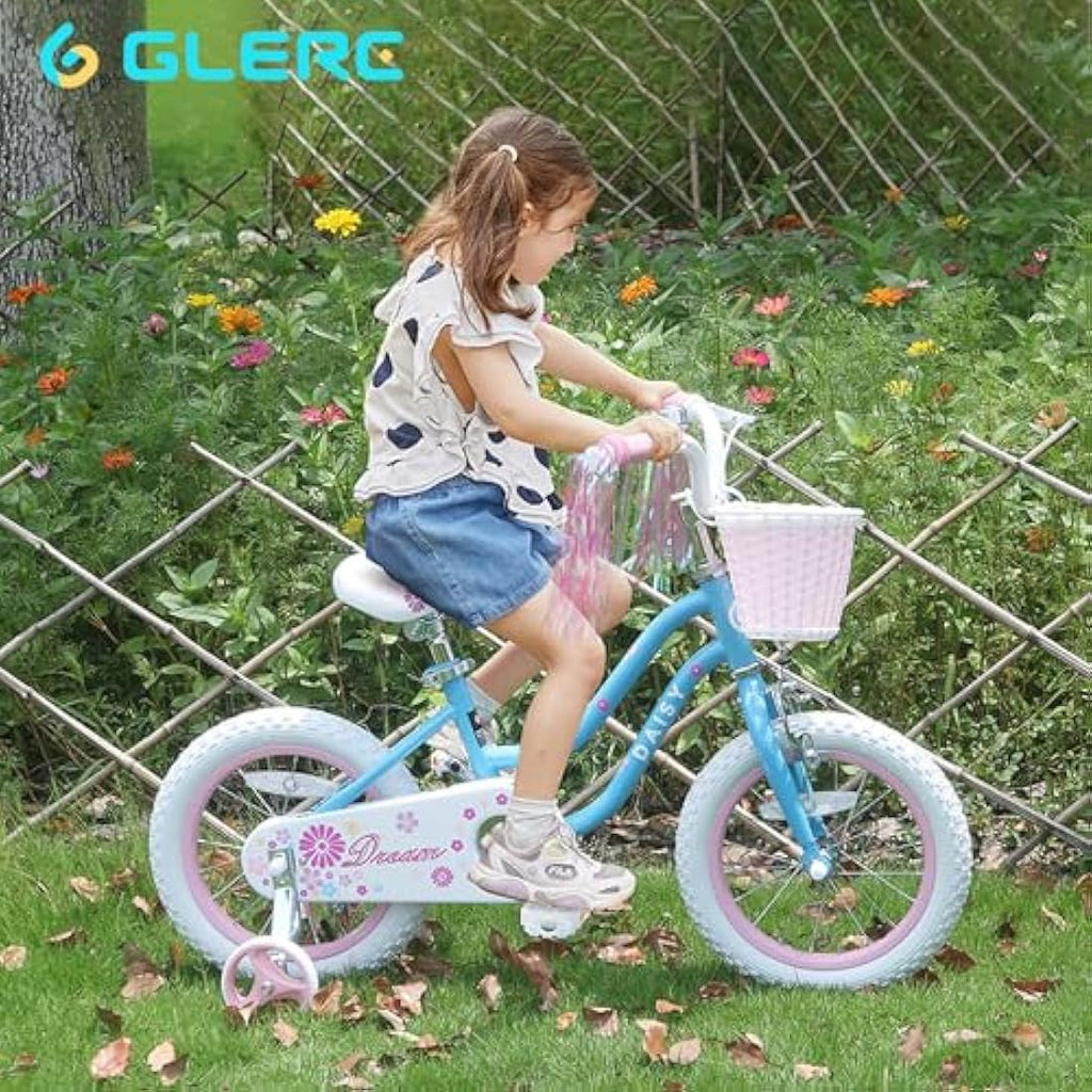Glerc Daisy 12 Inch Girls Bike with Training Wheels and Basket - Blue