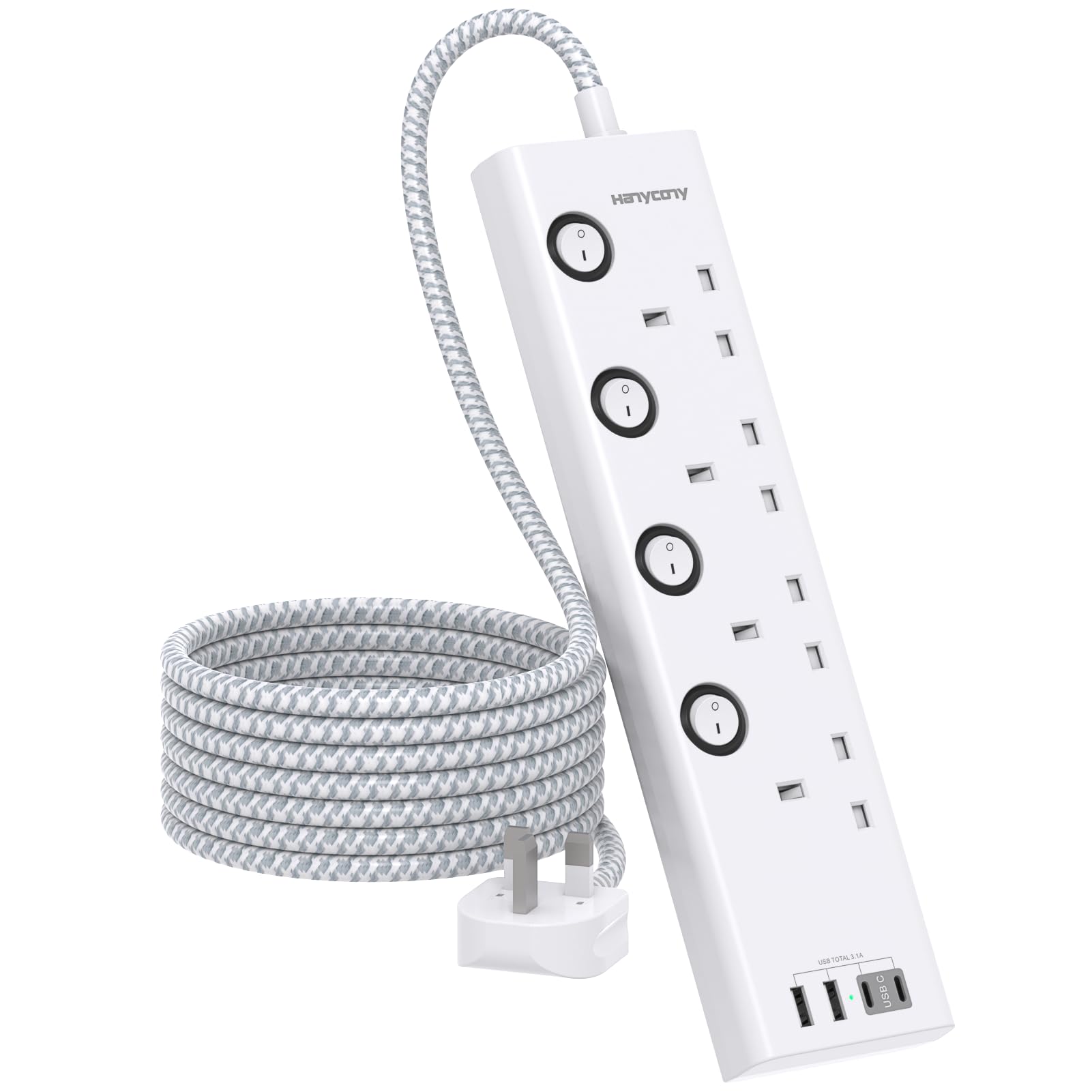 HANYCONY 4 Way Extension Lead with 2 USB-C Slots & Individual Switches