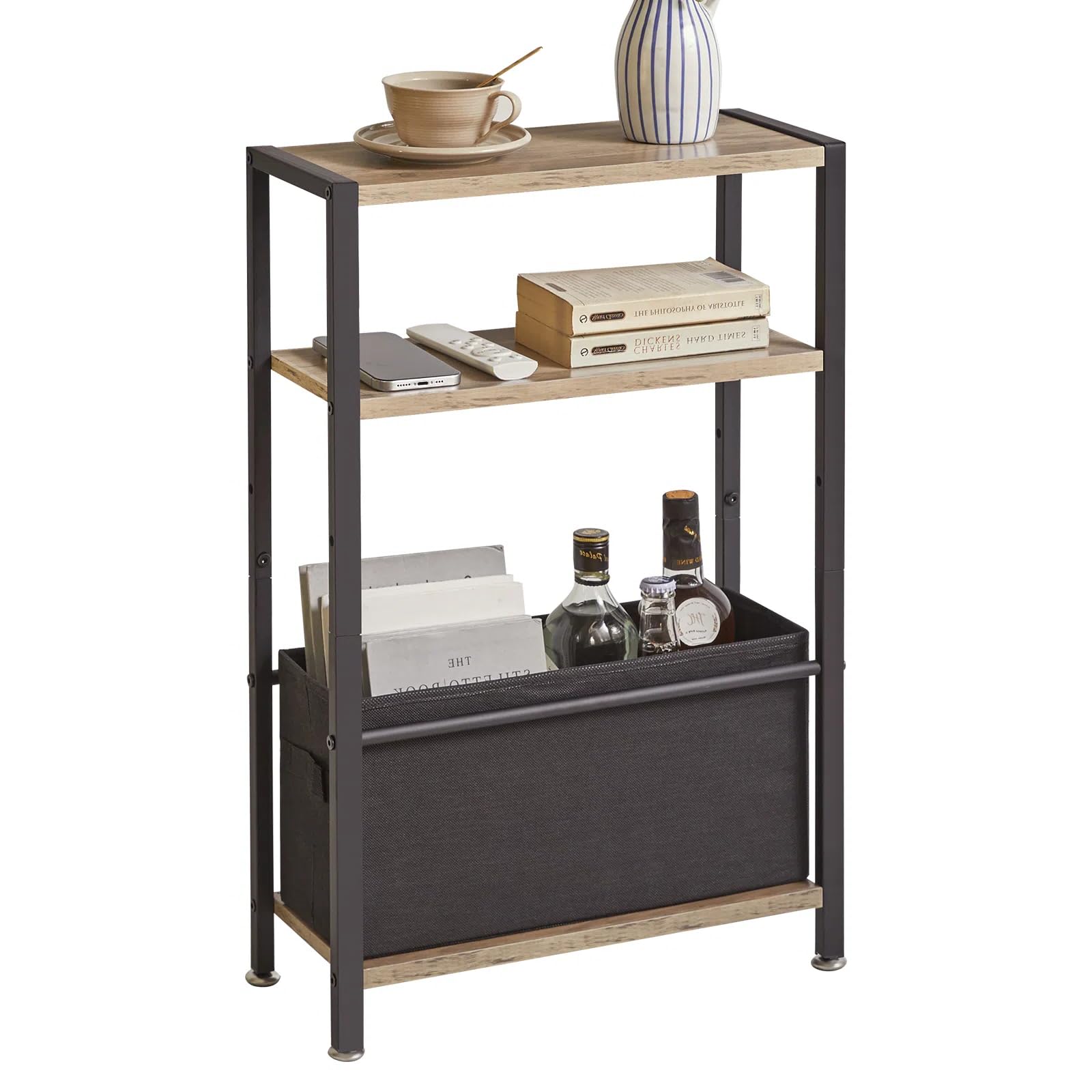 Aibiju Narrow 3-Tier Side Table with Fabric Basket | Industrial Oak