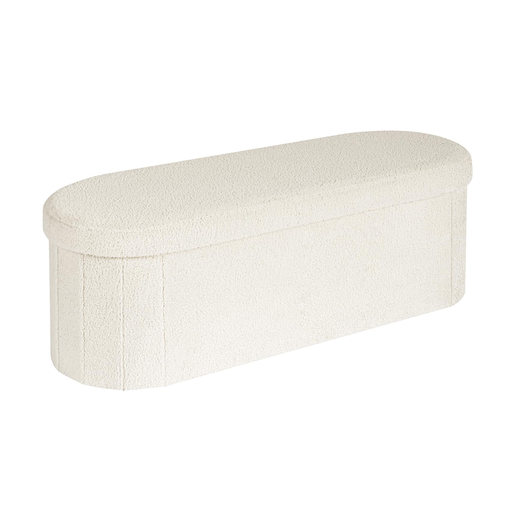 Bonlife Oval Boucle Folding Ottoman Storage Bench | 120L White Footstool