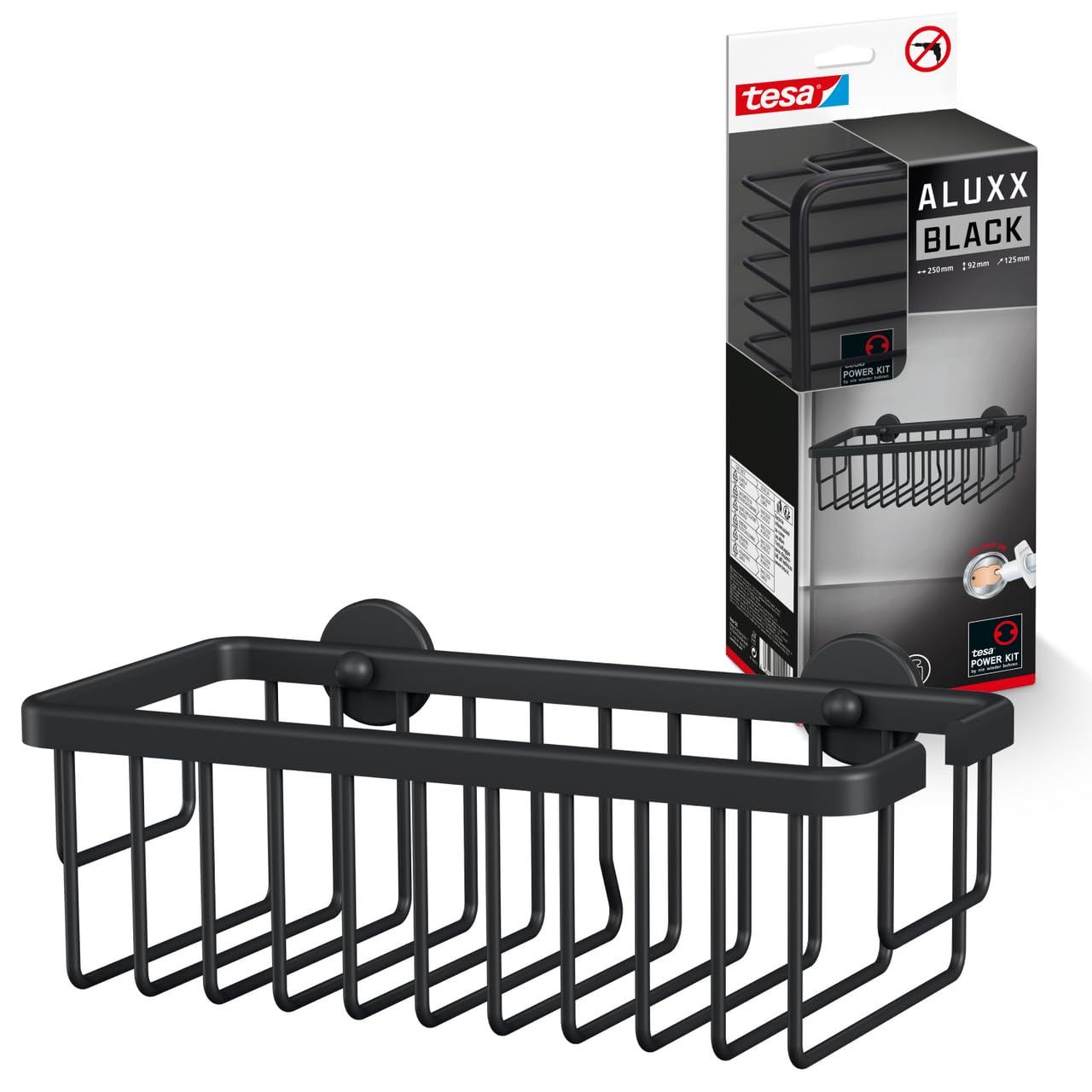 tesa ALUXX BLACK Deep Shower Basket | Matt Black Drill-Free Wall Shelf