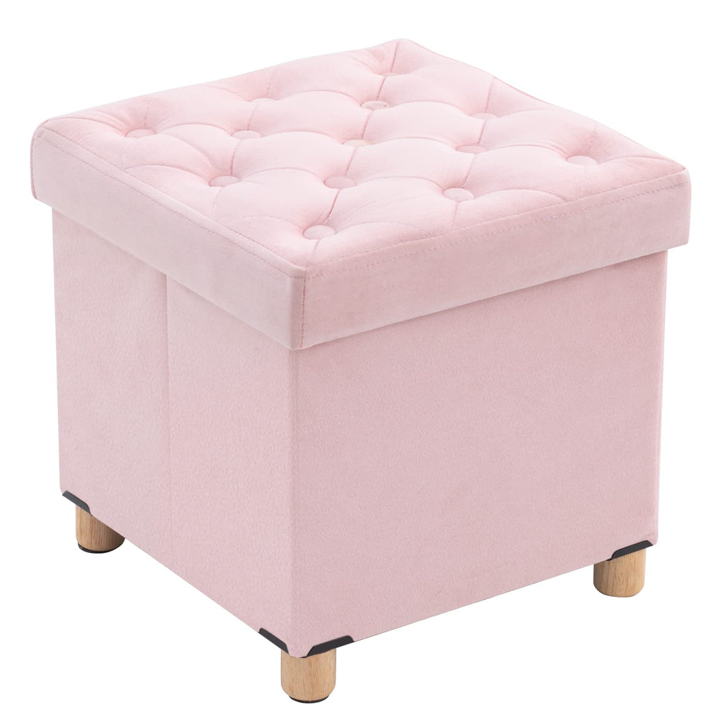BRIAN & DANY Pink Velvet Folding Storage Ottoman with Wood Legs