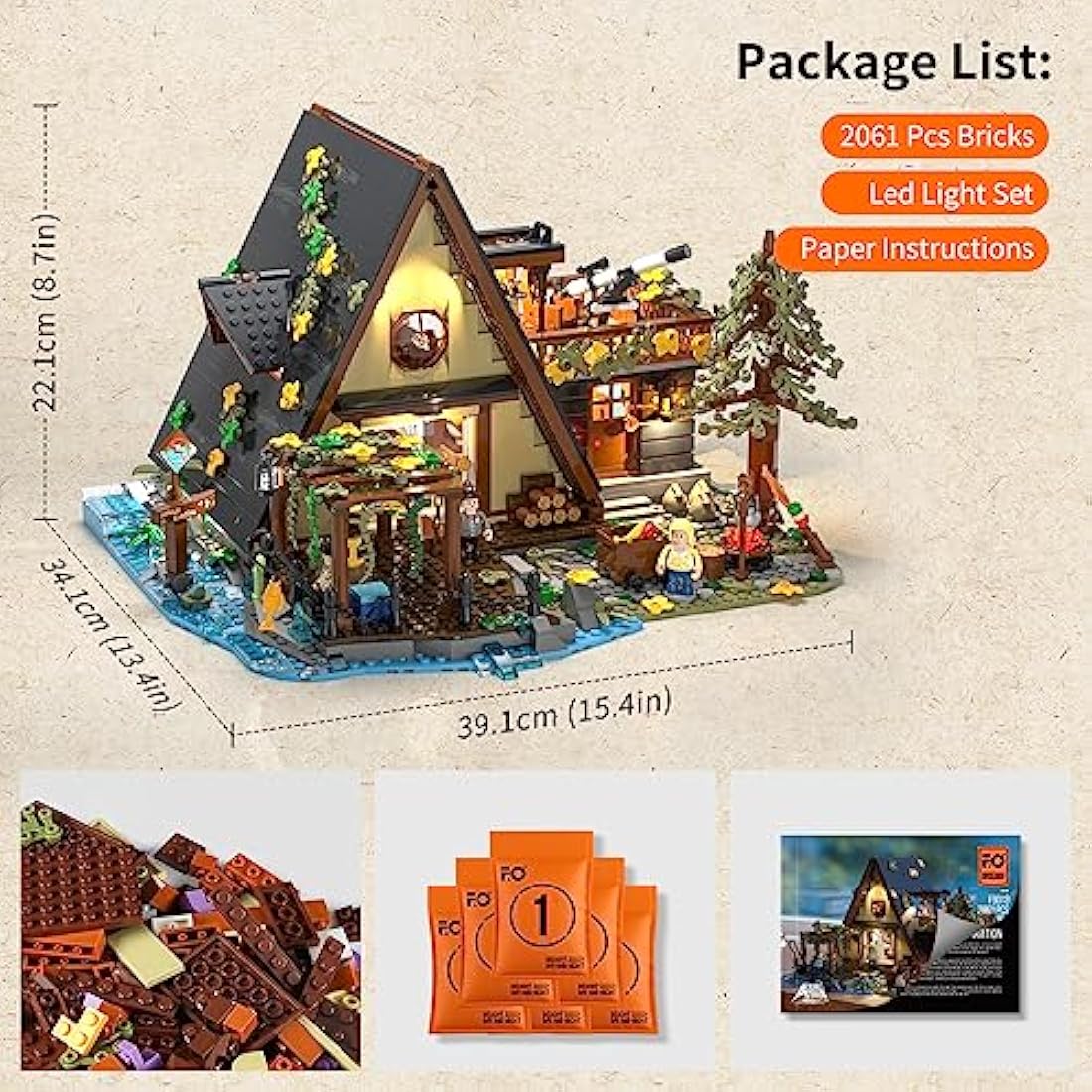 FUNWHOLE A-Frame Cabin Building Bricks Set with LED Lights - 2061 PCS