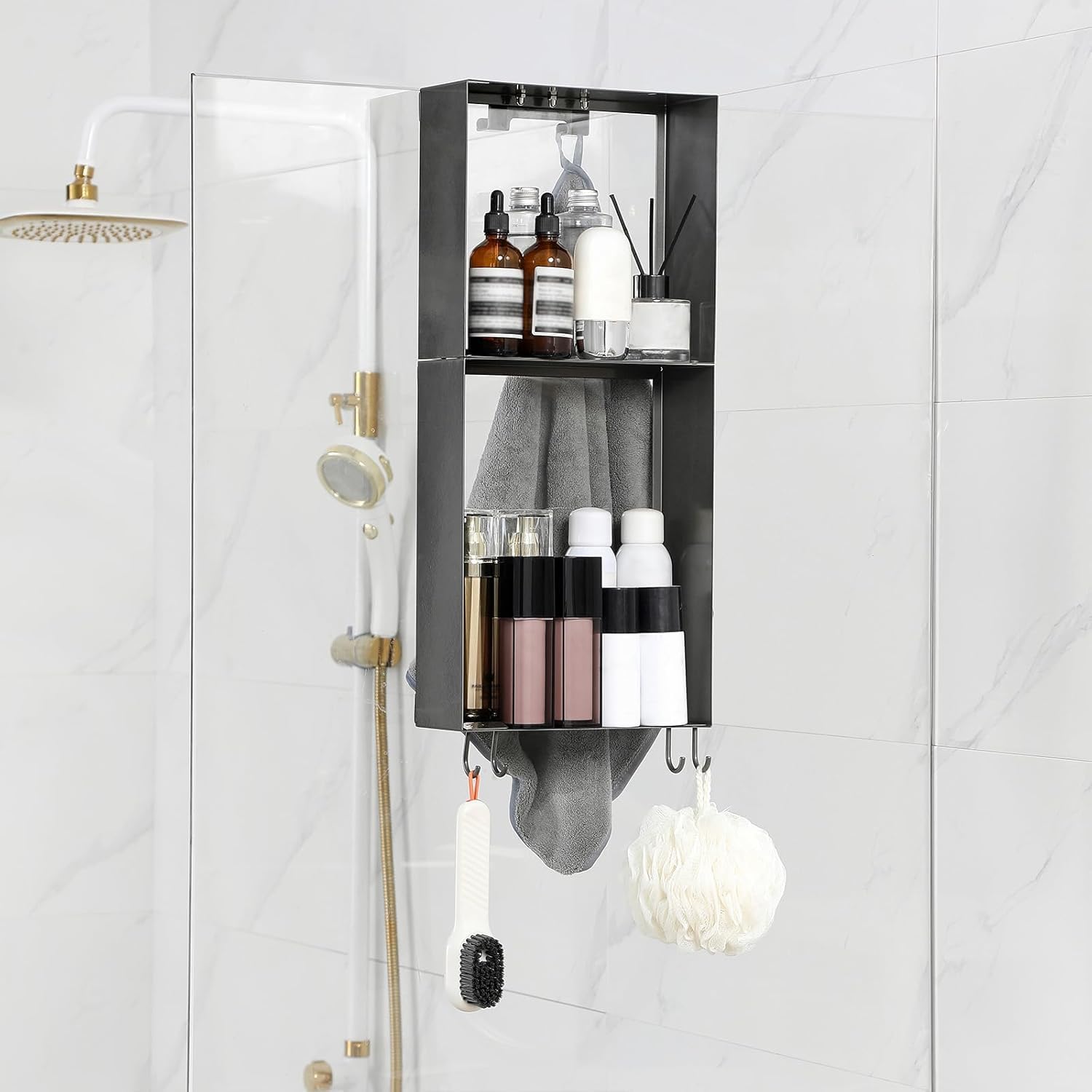 Womamny Hanging Shower Caddy | 2-Tier Over Door Rust-Proof Shelf, Grey
