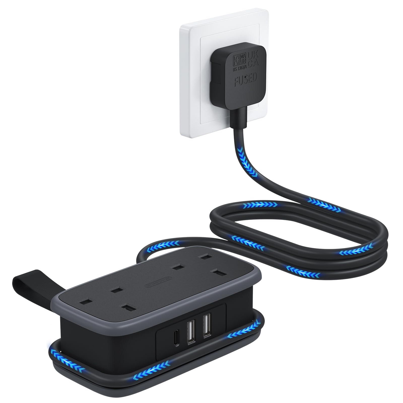 NTONPOWER Travel Extension Lead – 2 Way Outlets with 4 USB Ports