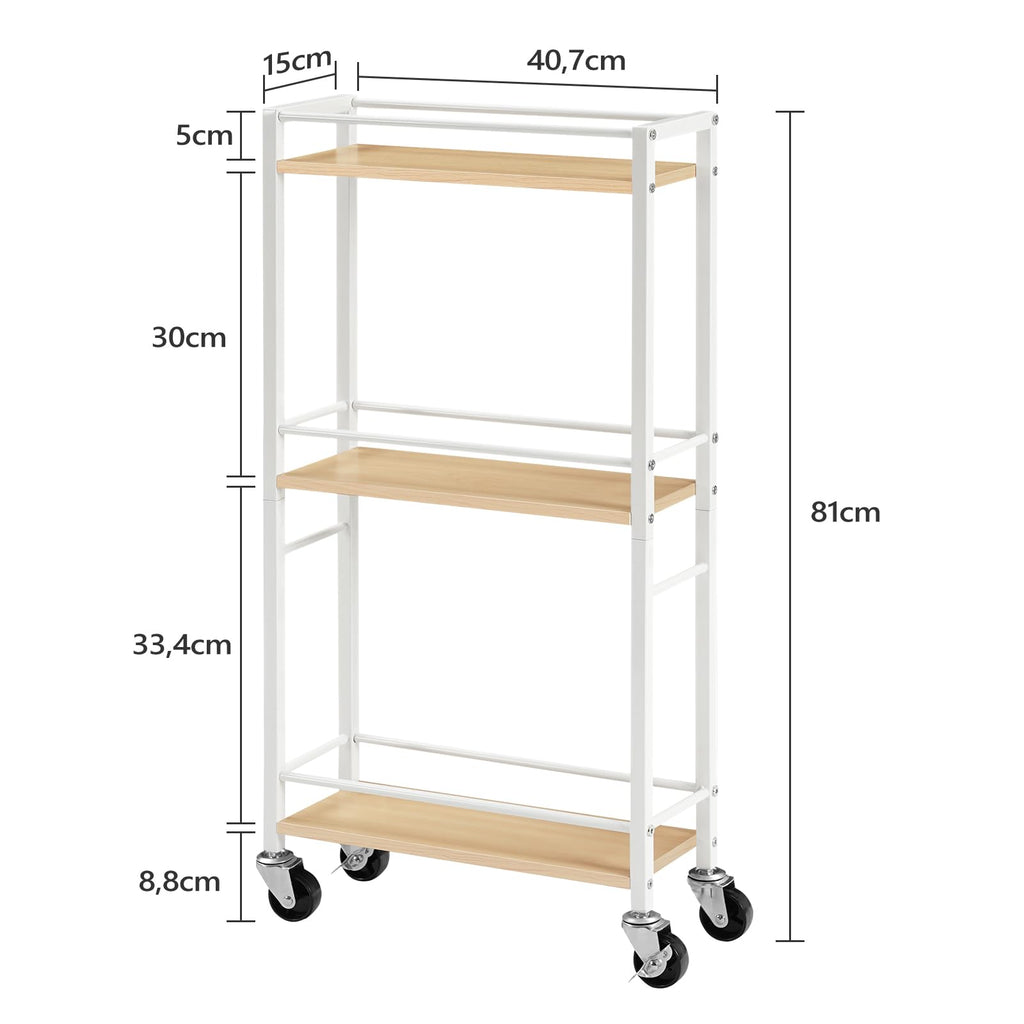MAHANCRIS 3-Tier Slim Rolling Cart | Narrow Wooden Utility Storage Rack