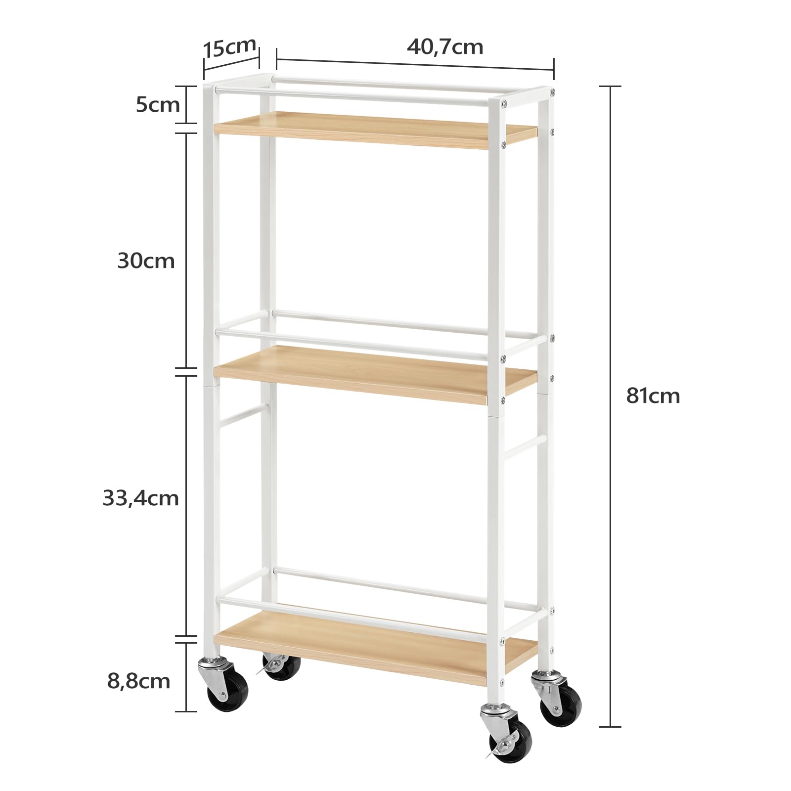 MAHANCRIS 3-Tier Slim Rolling Cart | Narrow Wooden Utility Storage Rack