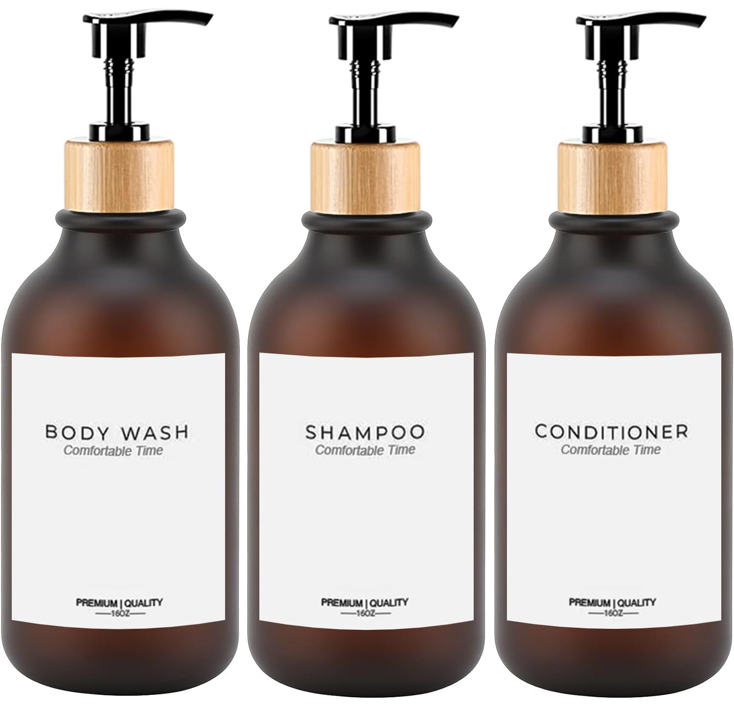 Jolof Store Frosted Refillable Shampoo Bottles with Bamboo Pump – 3 Pack