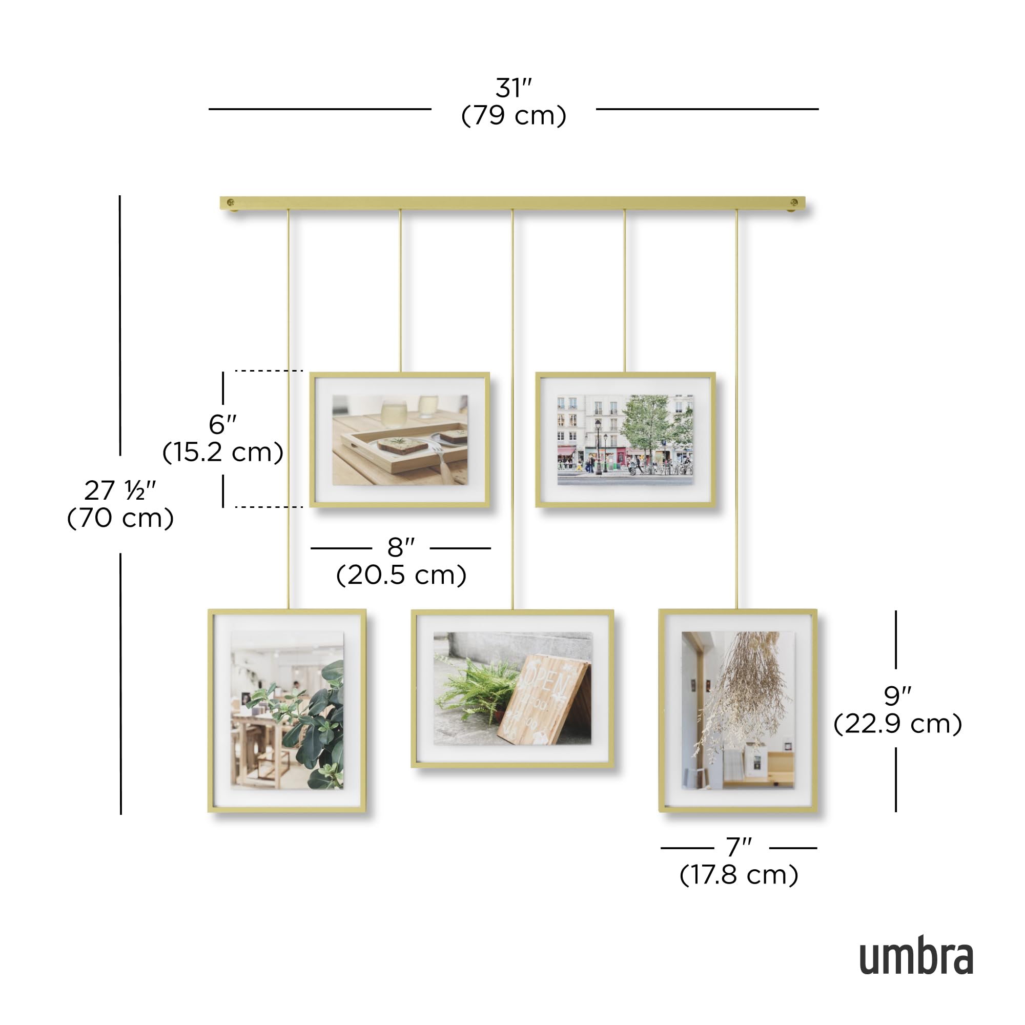 Umbra Exhibit Gallery Set – Adjustable 5-Photo Hanging Wall Display, Brass