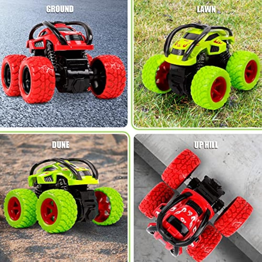 m zimoon Monster Trucks – 2 Pack Pull Back Stunt Cars for Kids, Green & Red