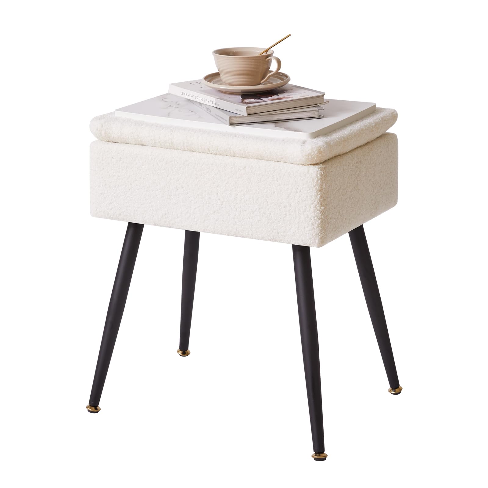 Aibiju Rectangular Vanity Stool with Storage | Faux Teddy Fur Makeup Seat