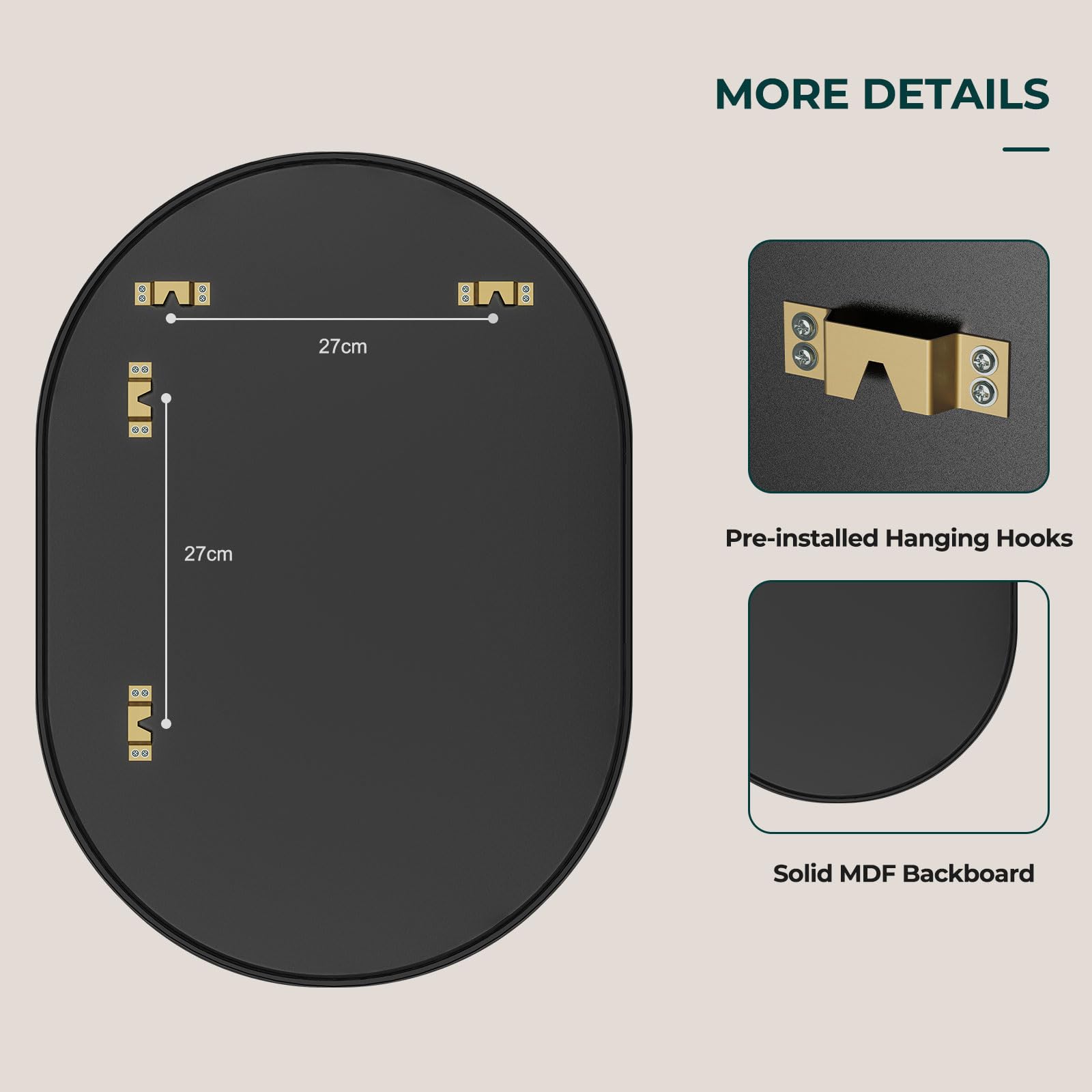 Dripex Oval Wall Mirror | 50x70cm Aluminum Frame Bathroom Mirror – Black