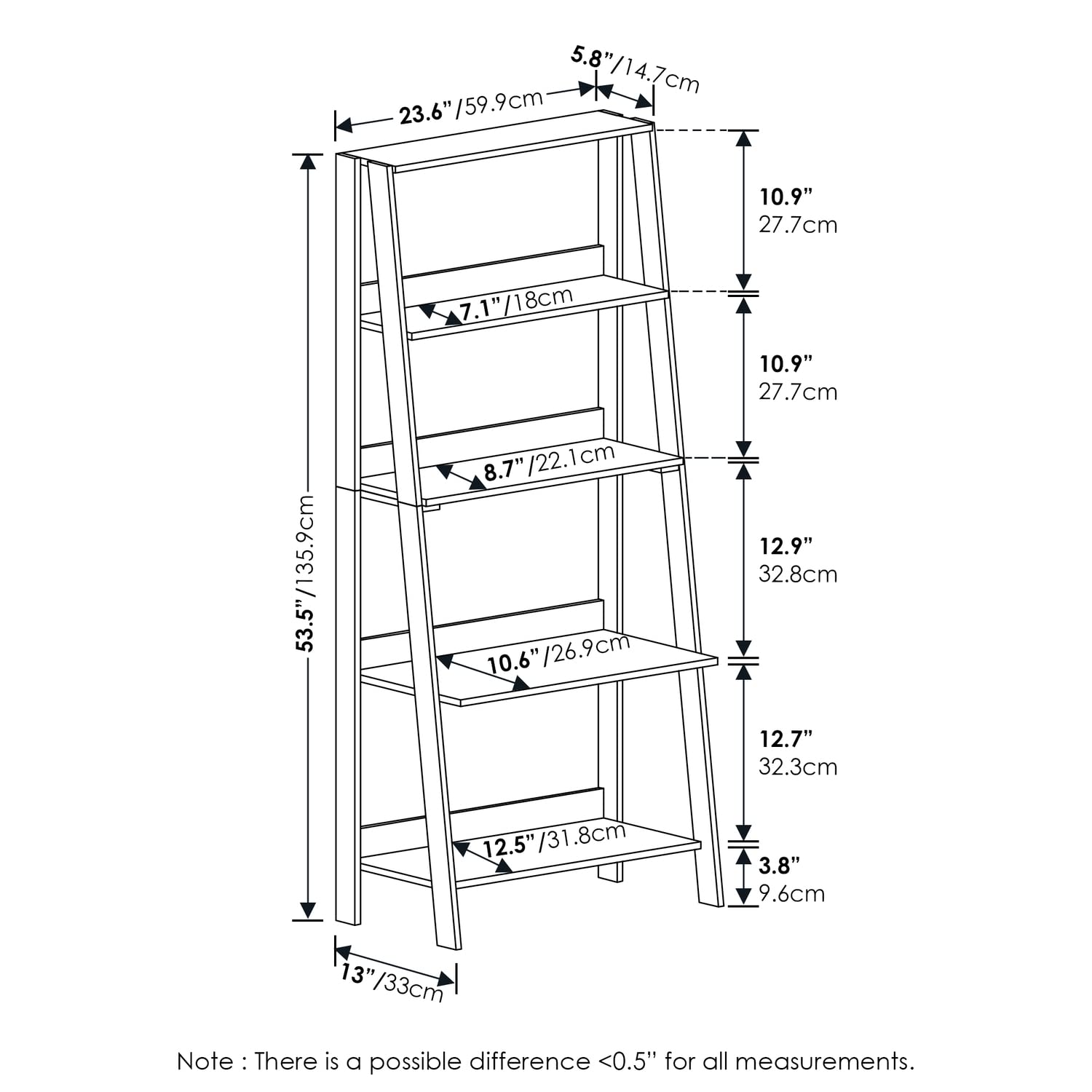 Furinno 5-Tier Ladder Bookcase | Modern Corner Display Shelf, French Oak