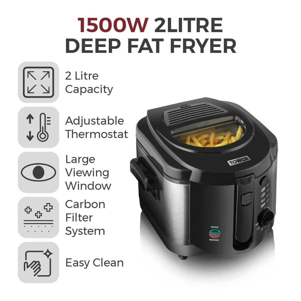 Tower T17001 Deep Fat Fryer | 2L Capacity, 1500W Electric Fryer - Black