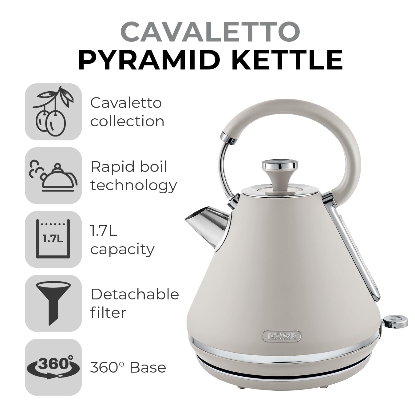 Tower Cavaletto Pyramid Kettle | 1.7L Fast Boil 3000W | Latte & Chrome